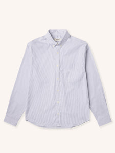 A white and blue stripe long sleeve shirt on a white background.