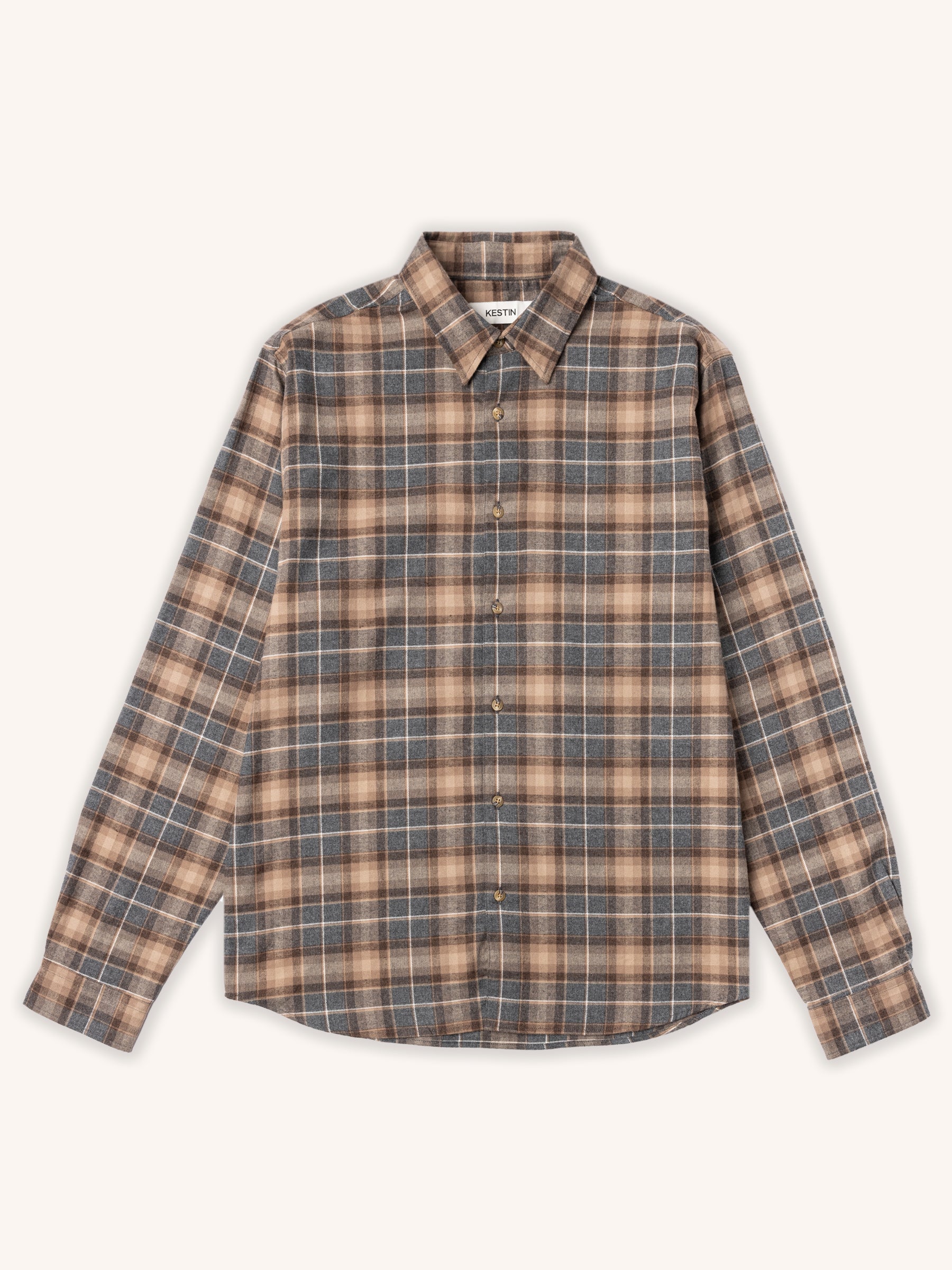 Plaid shirt with brown and gray pattern on a white background