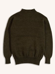 A knitted merino wool sweater in olive green, on a white background.