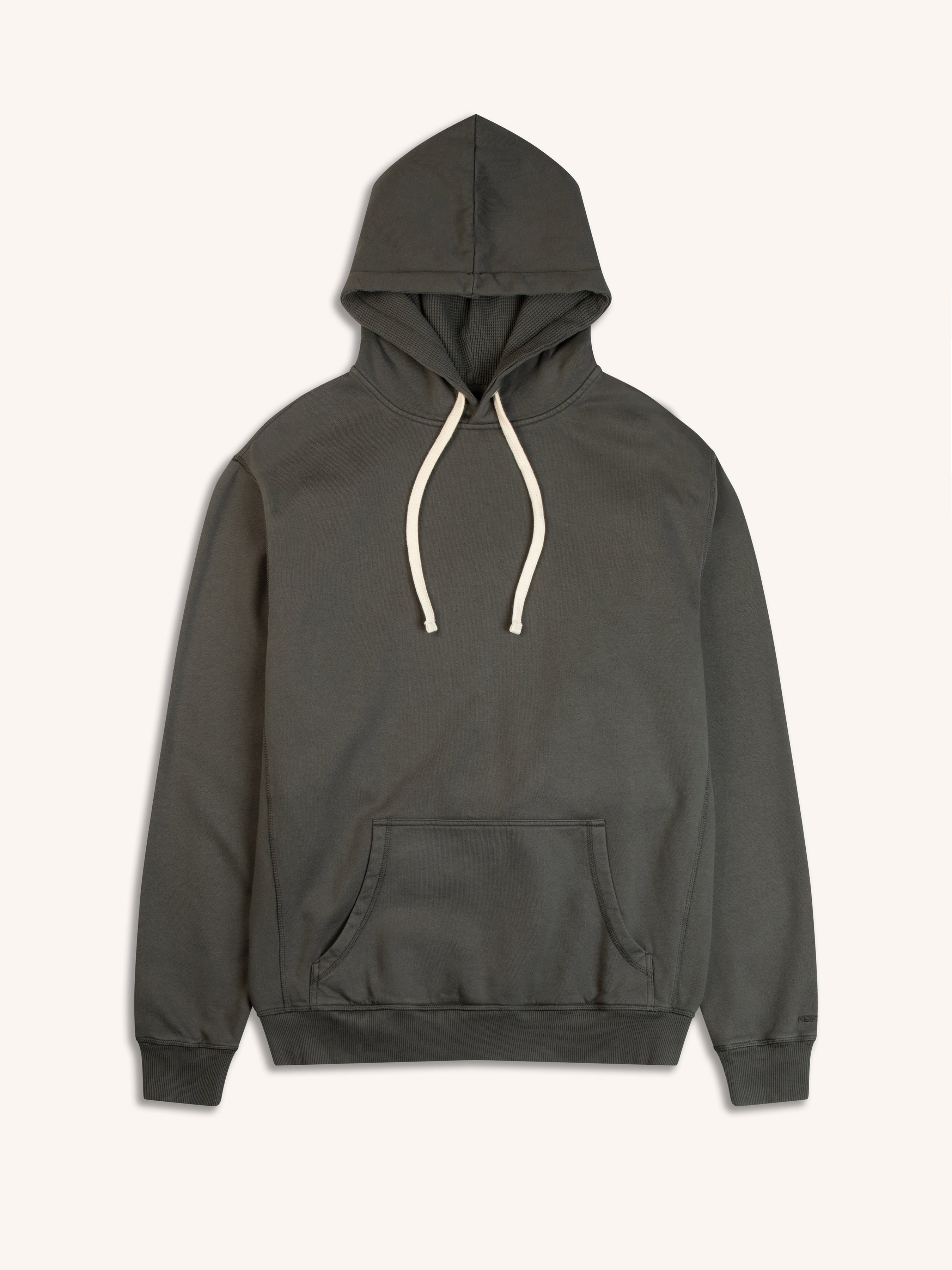 A pullover hoodie from Scottish menswear brand KESTIN, in charcoal grey, on a white background.