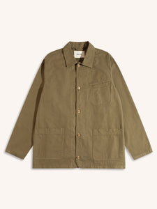 An olive green chore coat, made from cotton twill, on a white background.