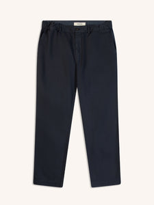A pair of trousers in a dark navy blue, on a white background.