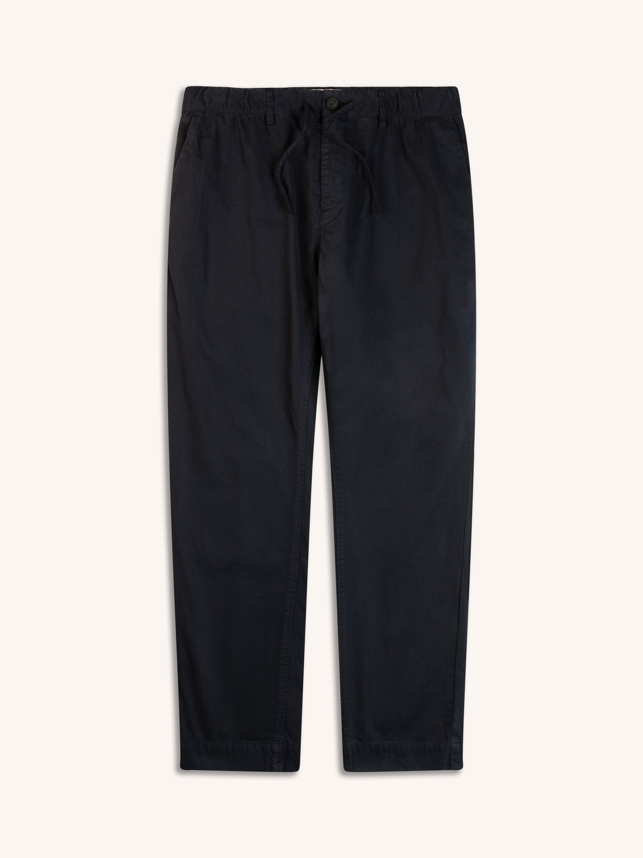 A pair of dark navy blue trousers with a slim fit, on a white background.