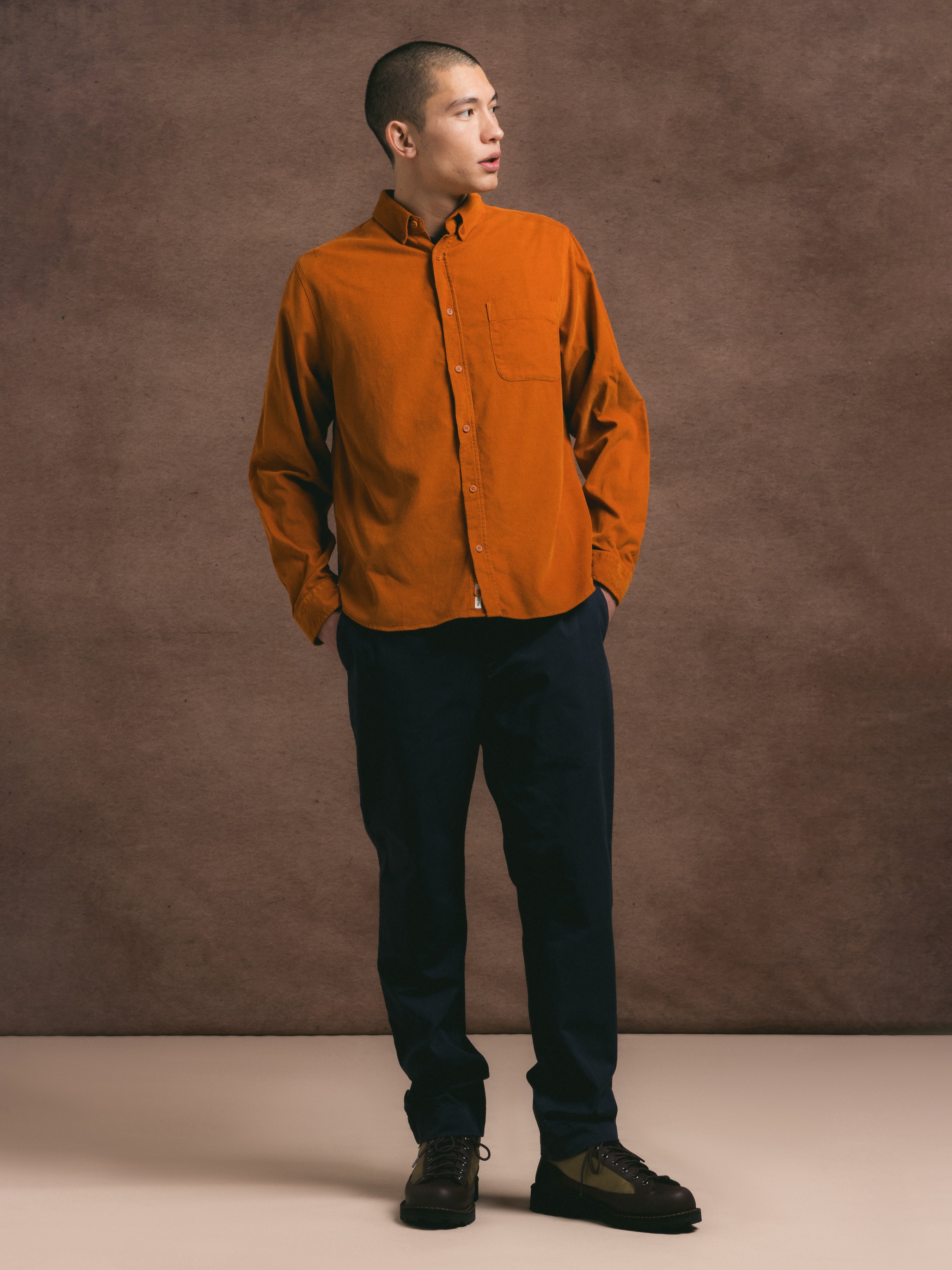 Raeburn Button Down Shirt in Burnt Orange Fine Corduroy