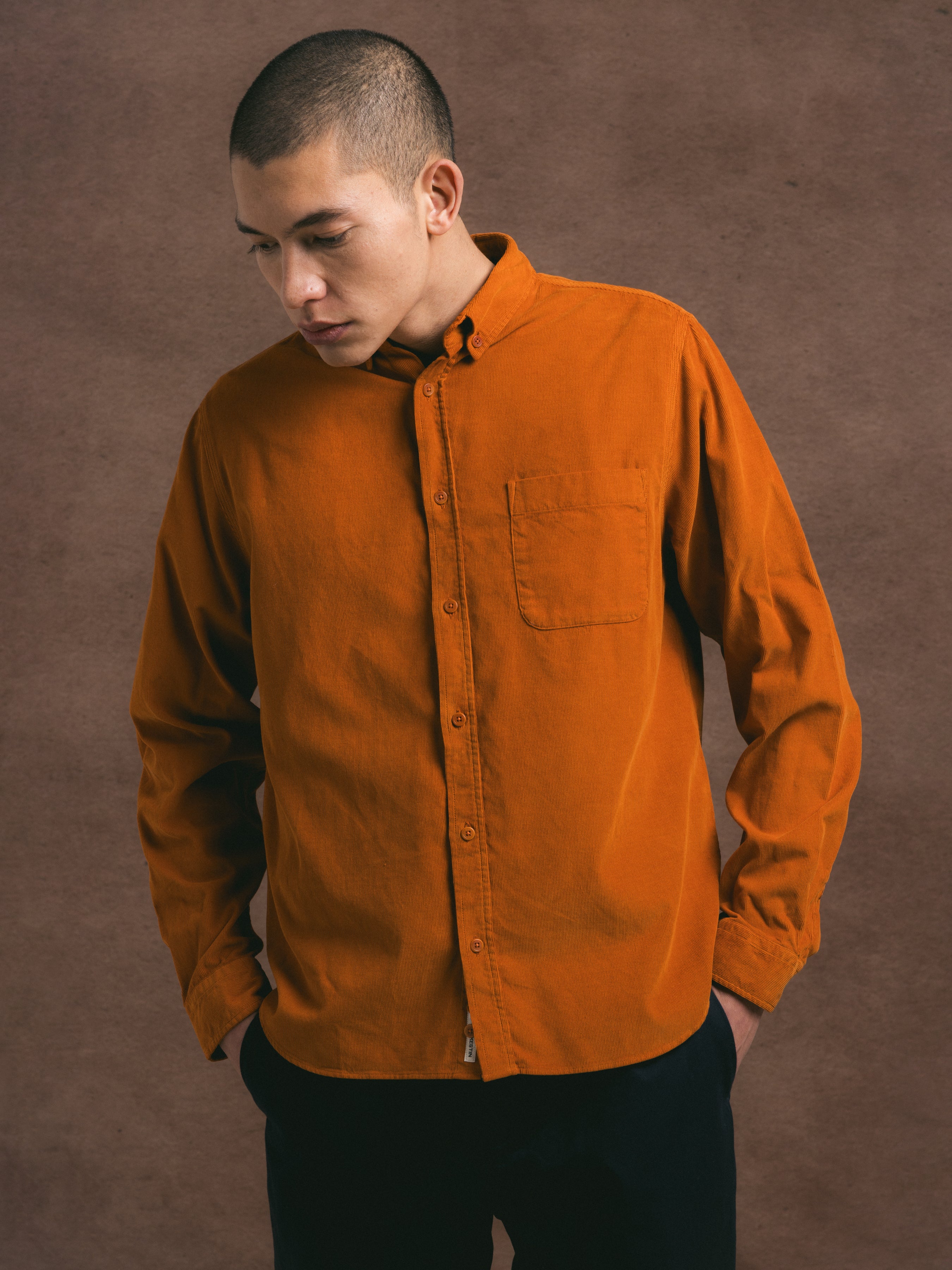 Raeburn Button Down Shirt in Burnt Orange Fine Corduroy