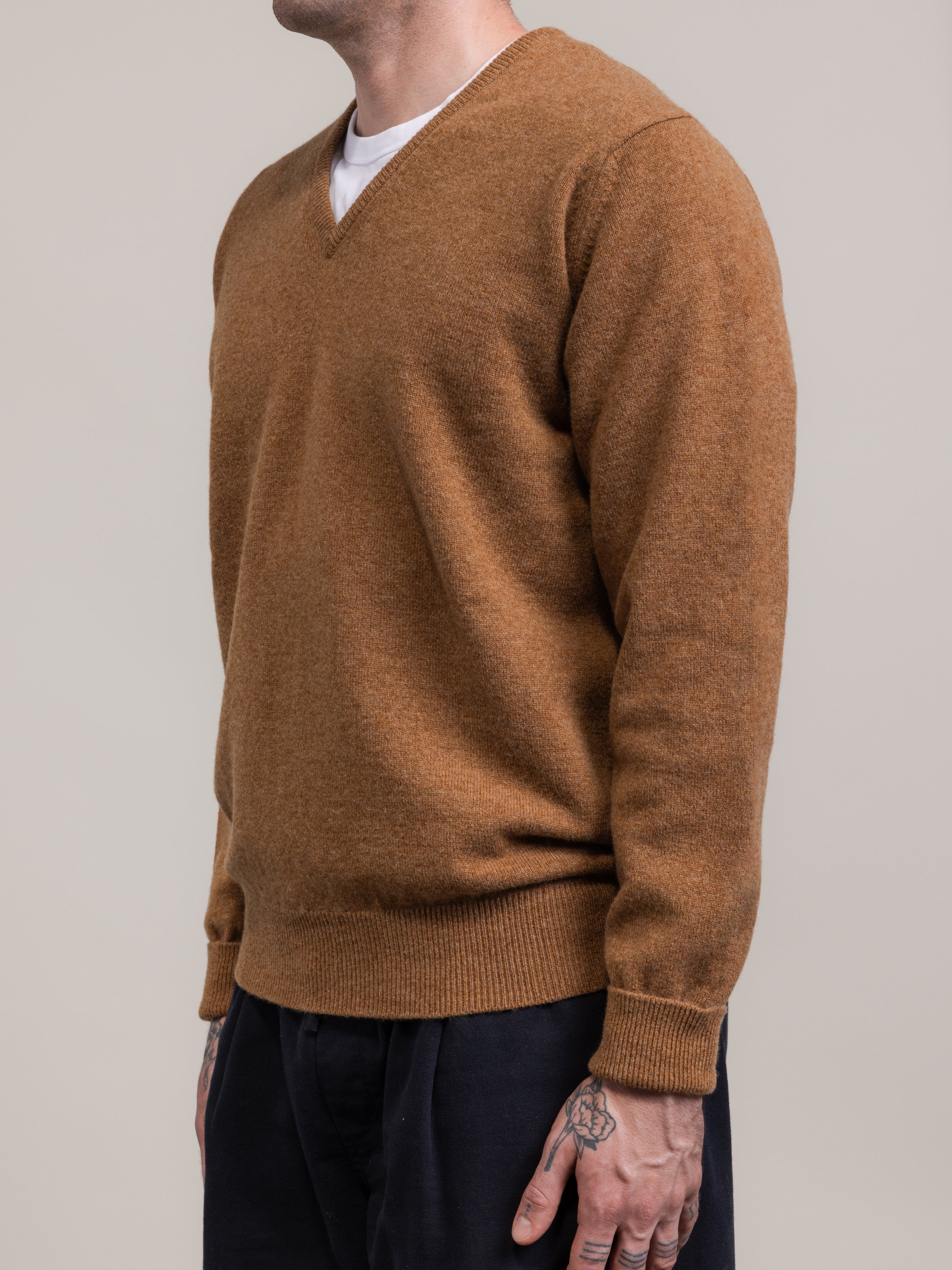 Person wearing a brown sweater against a plain background