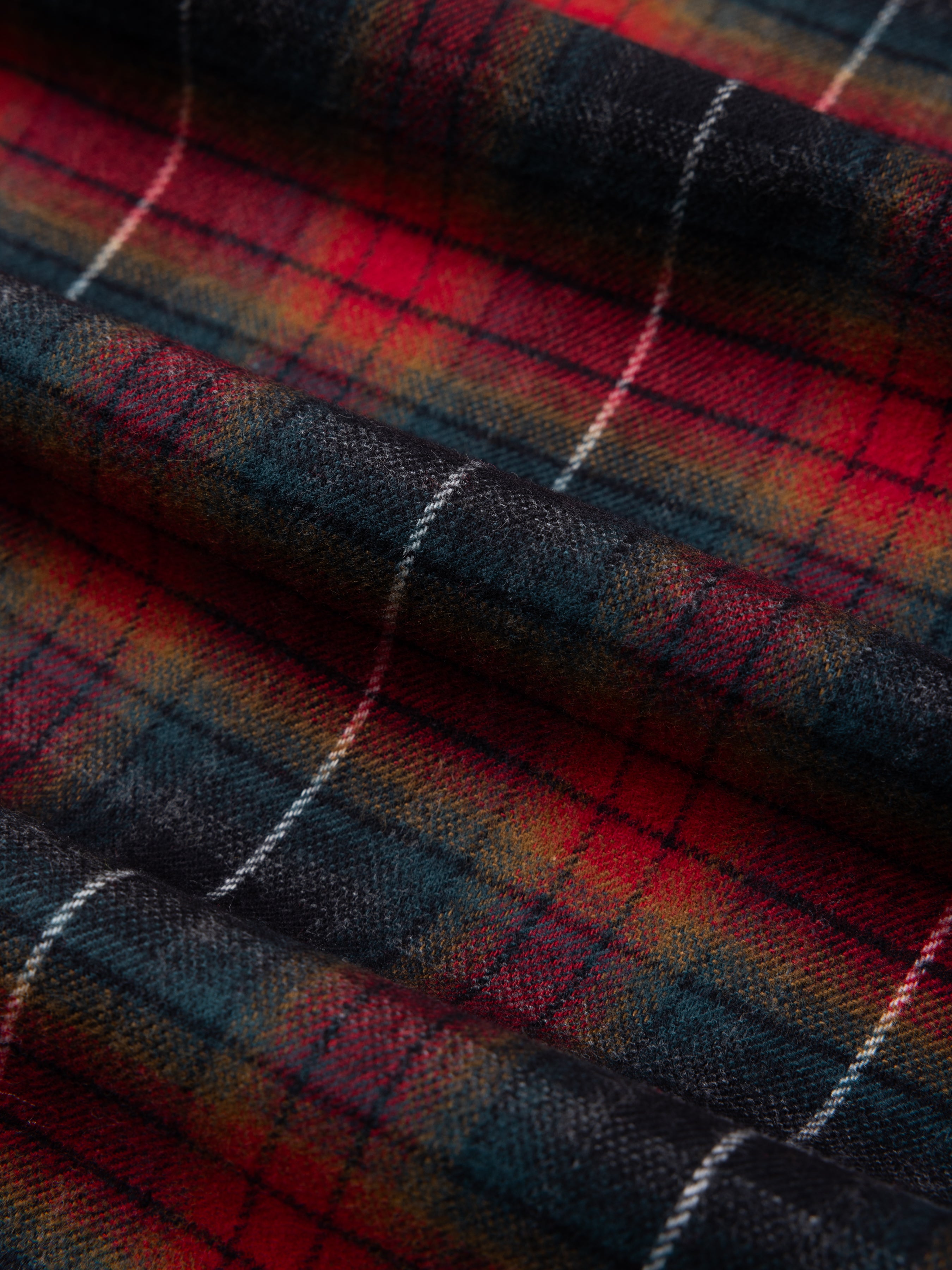 Close-up of plaid fabric with red, white, and blue colours.