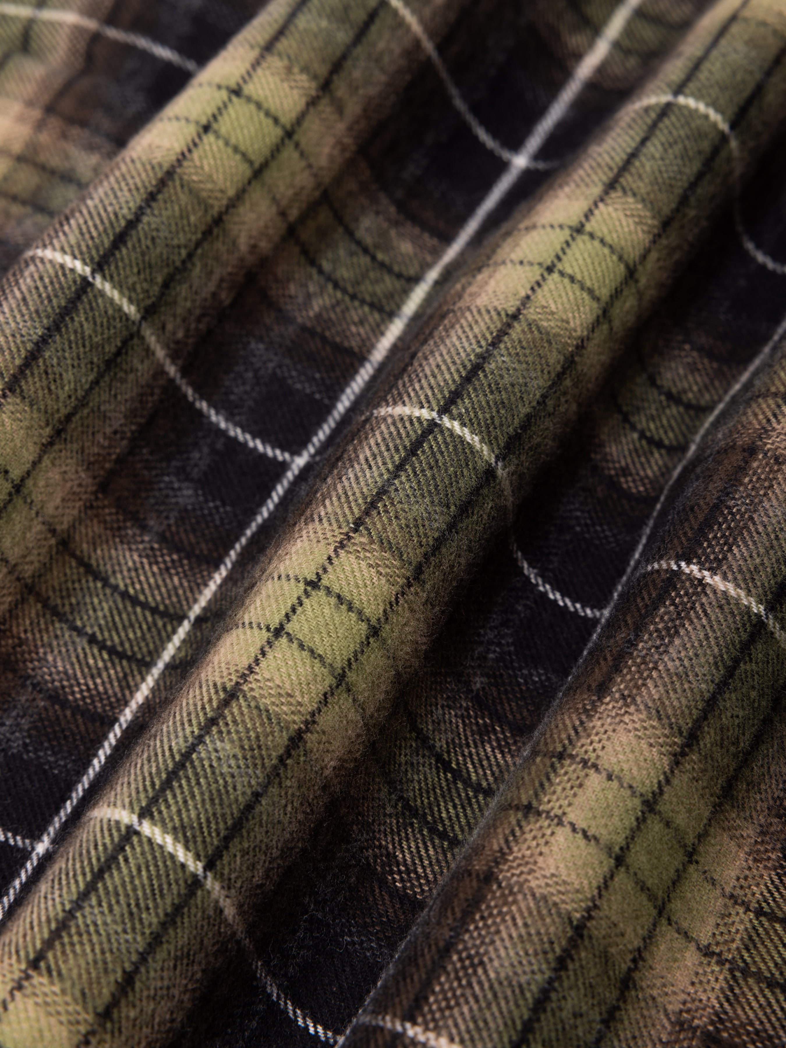 Close-up of plaid fabric with green, brown, and black colors.