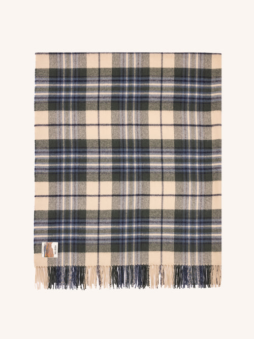 Plaid blanket with blue and beige colors on a white background