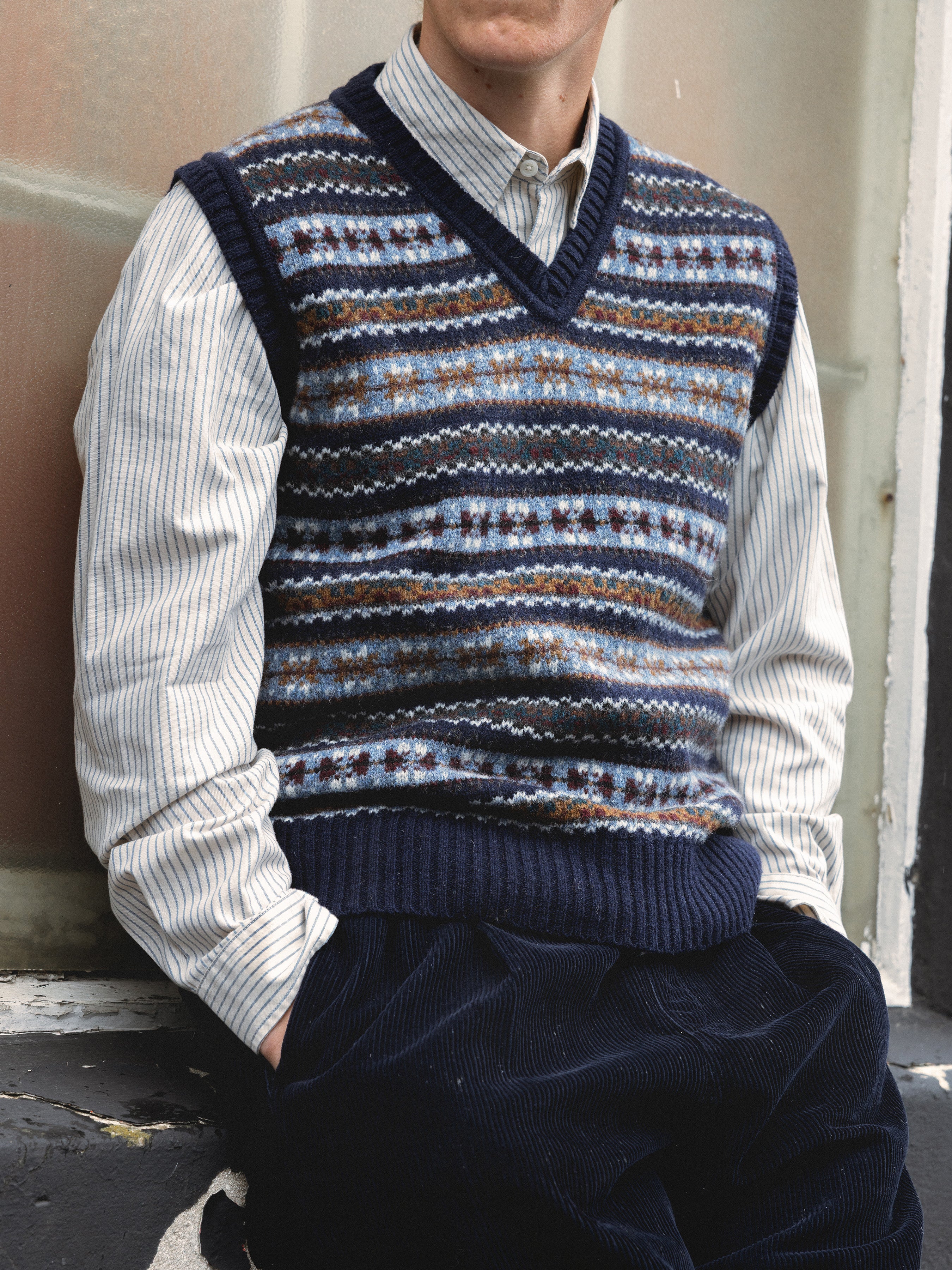 トップス doublet oversized fair-isle knit vest Fair Isle Vest in Blue Multi Lambswool – Kestin