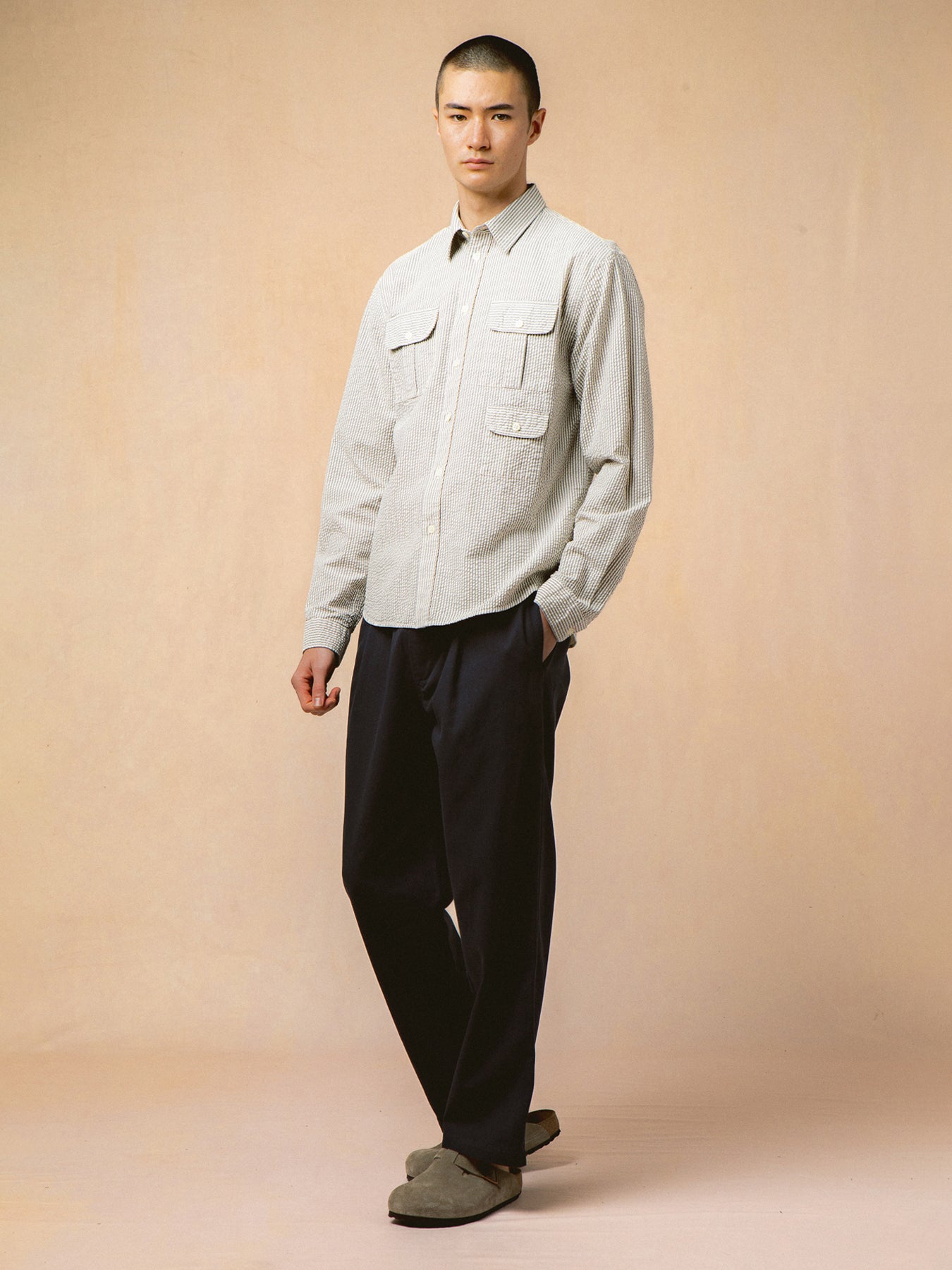 Kinnaird Shirt in Ecru / Blue Stripe Seersucker