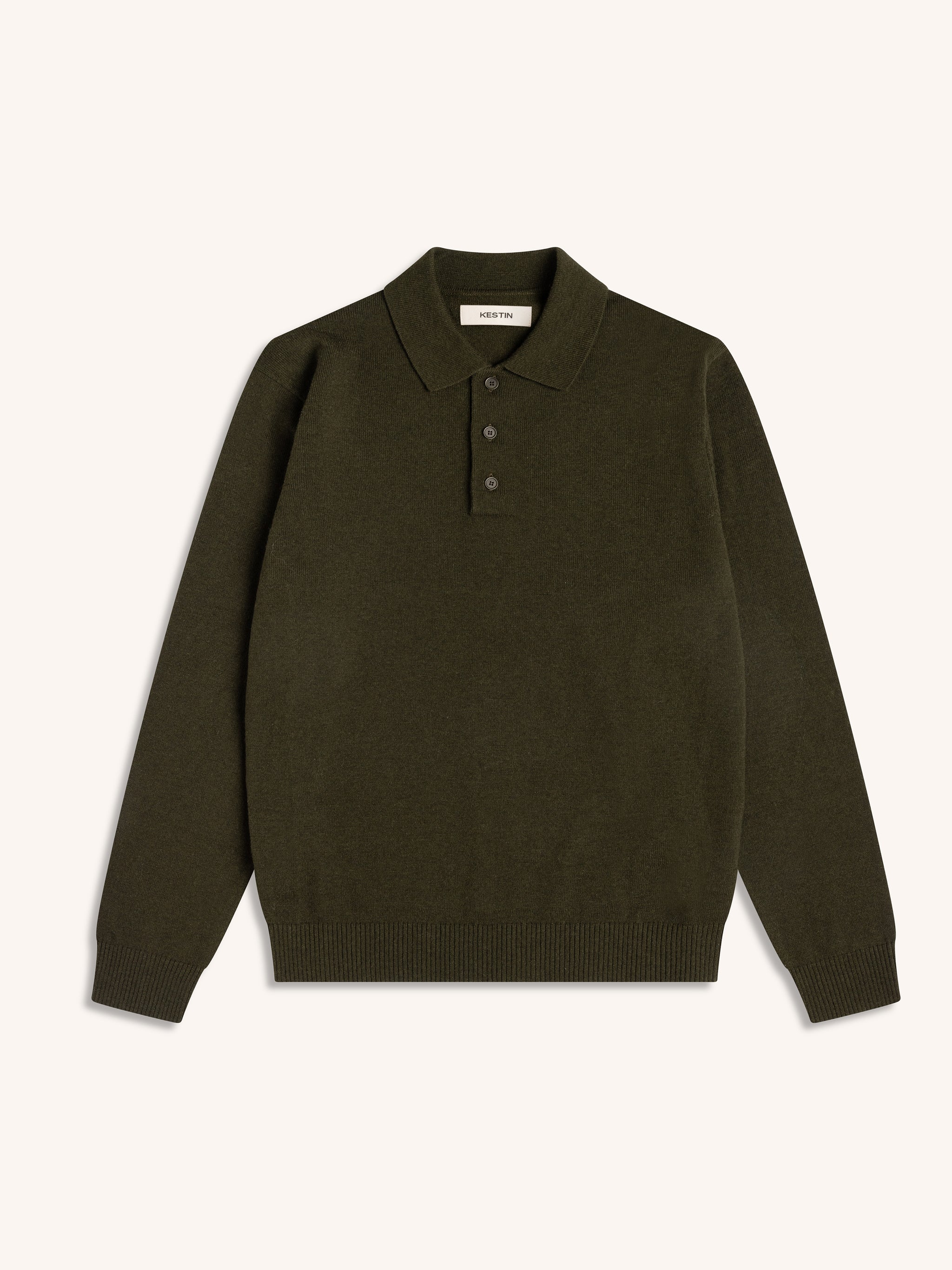 Dark green polo sweater with a collar on a white background