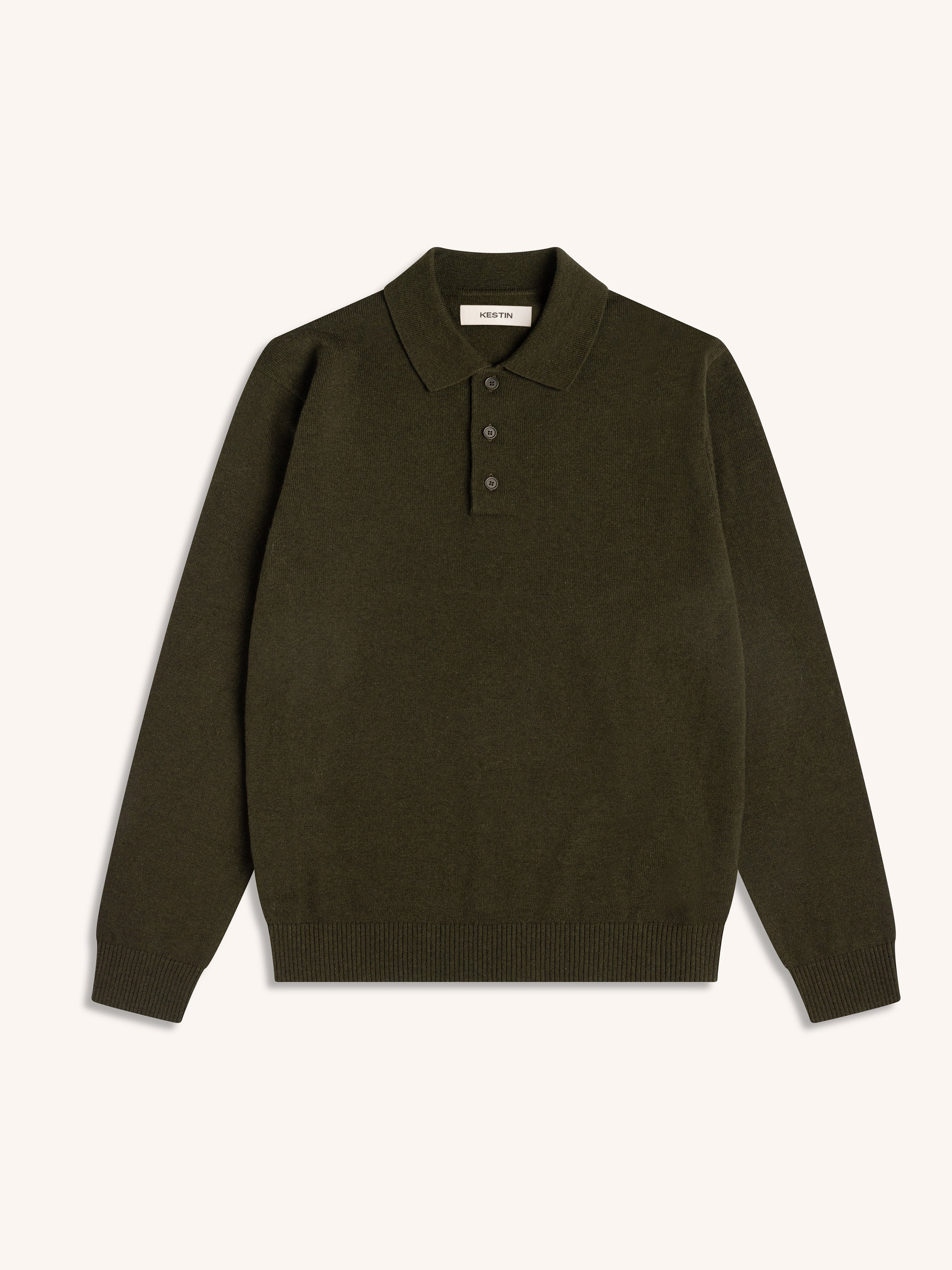 Dark green polo sweater with a collar on a white background