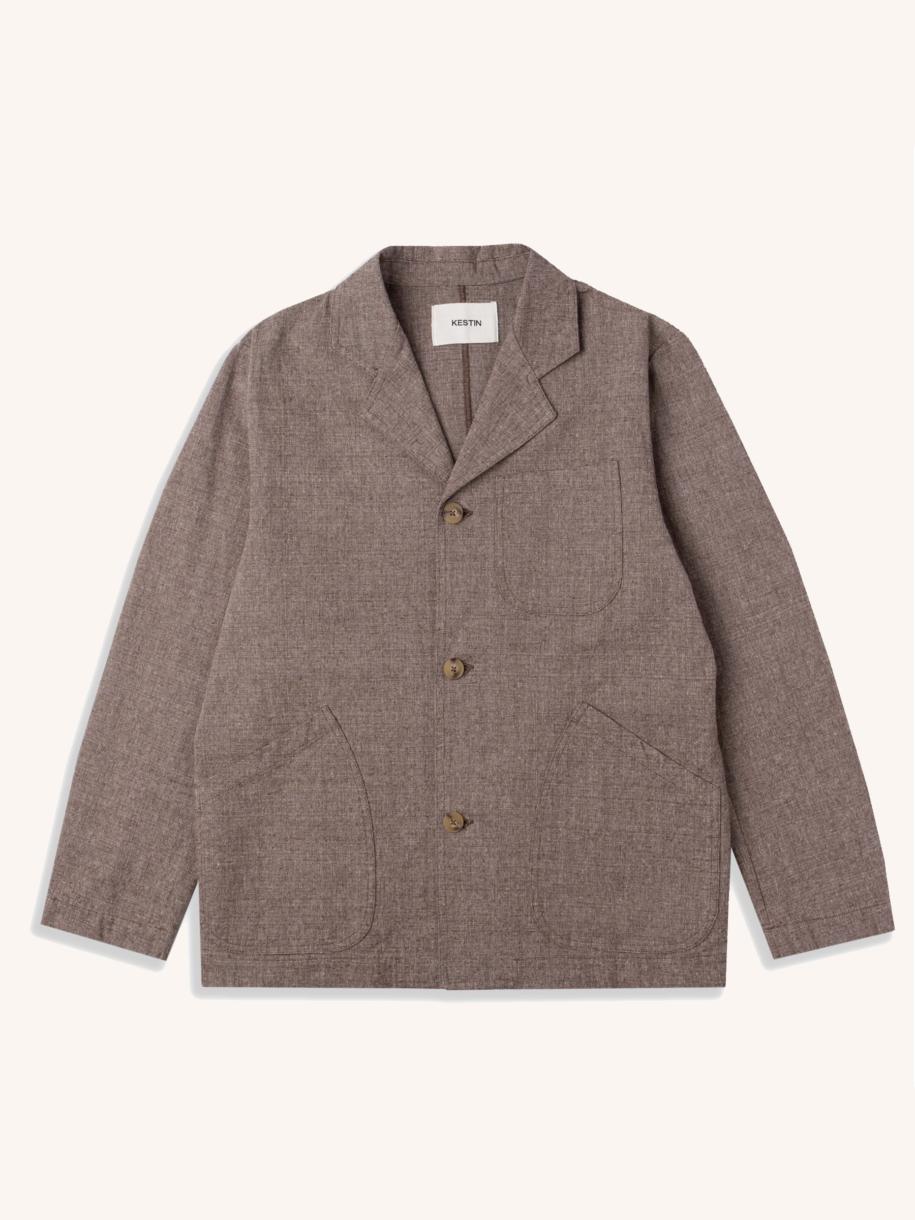 A men's relaxed fit blazer in brown, on a white background.