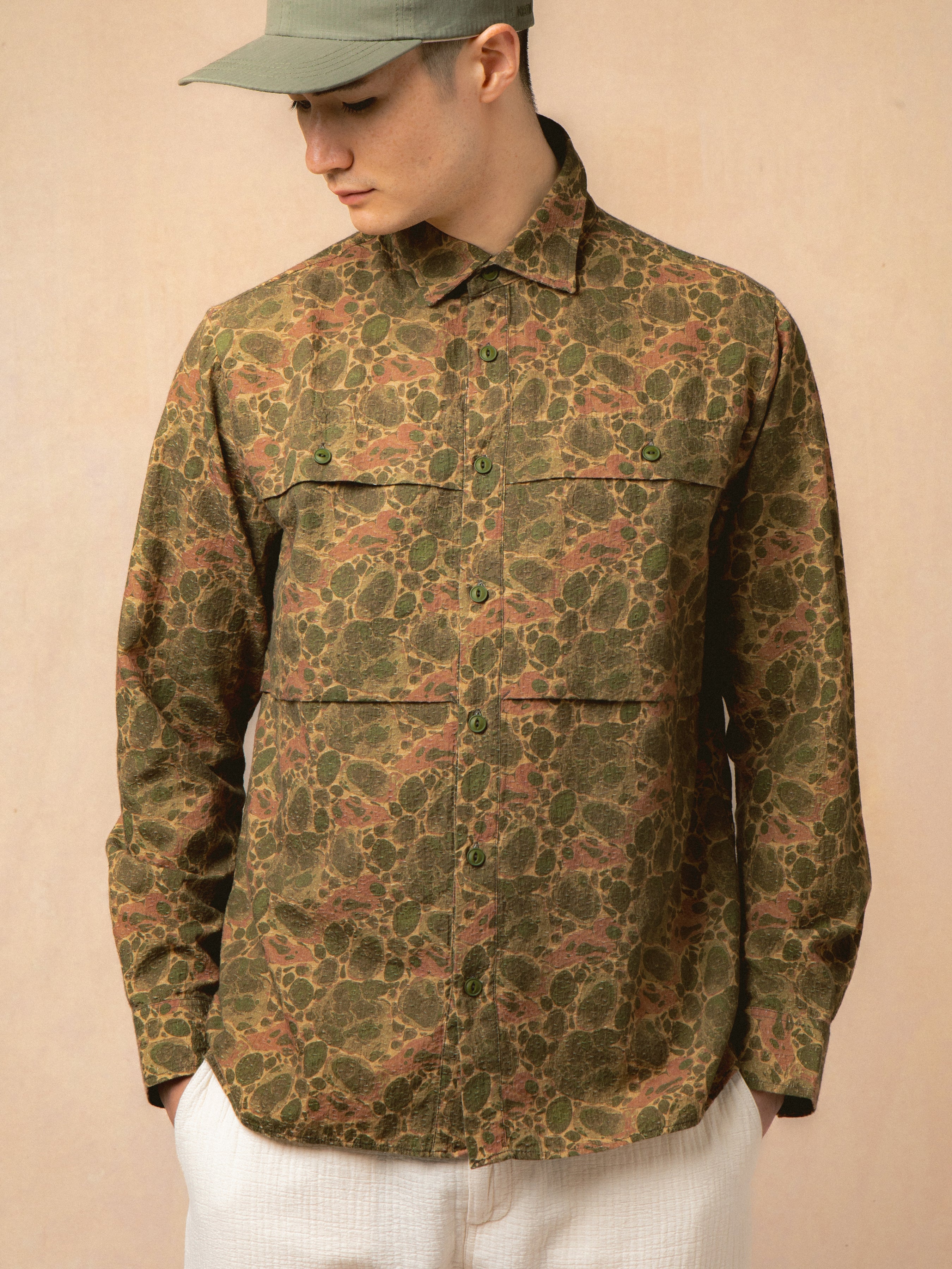 Taymount Overshirt in Olive Marble Textured Cotton