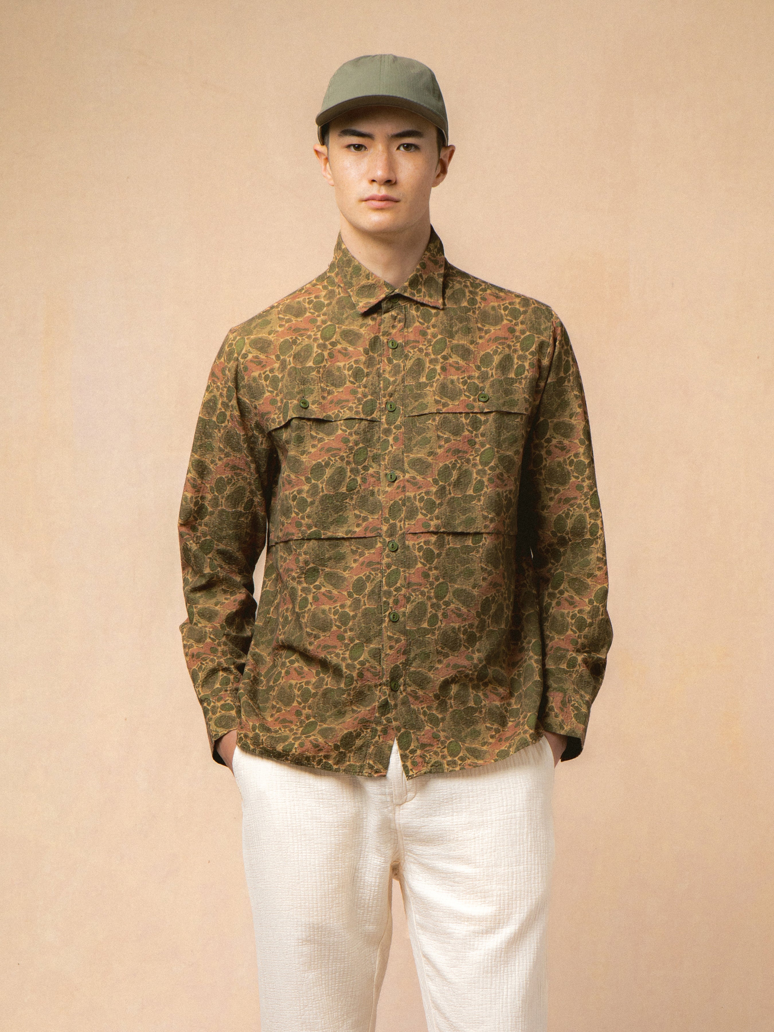 Taymount Overshirt in Olive Marble Textured Cotton