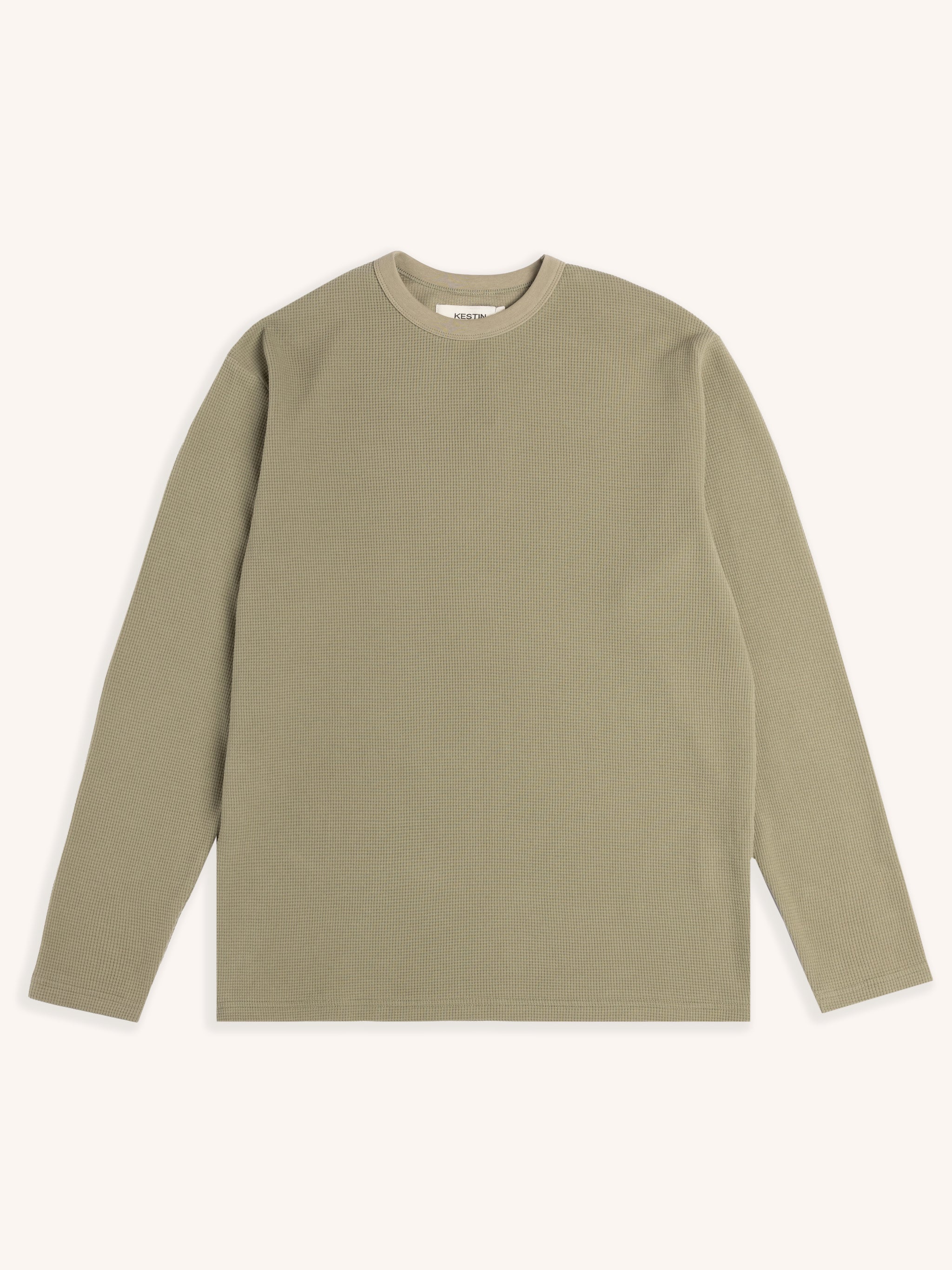 A regular fit long sleeve tee in a 100% cotton waffle sage fabric