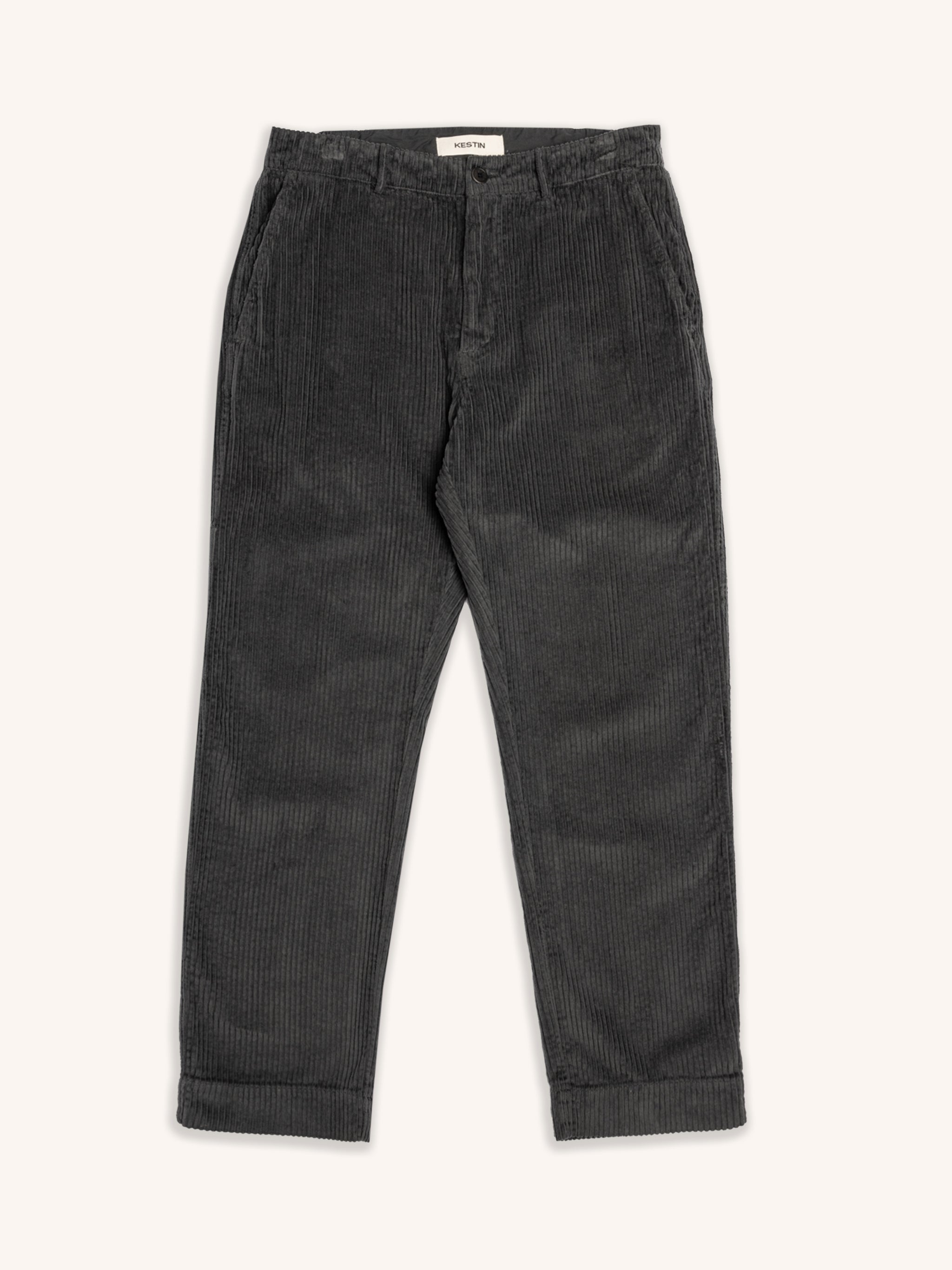 Dark grey corduroy trousers on a white background