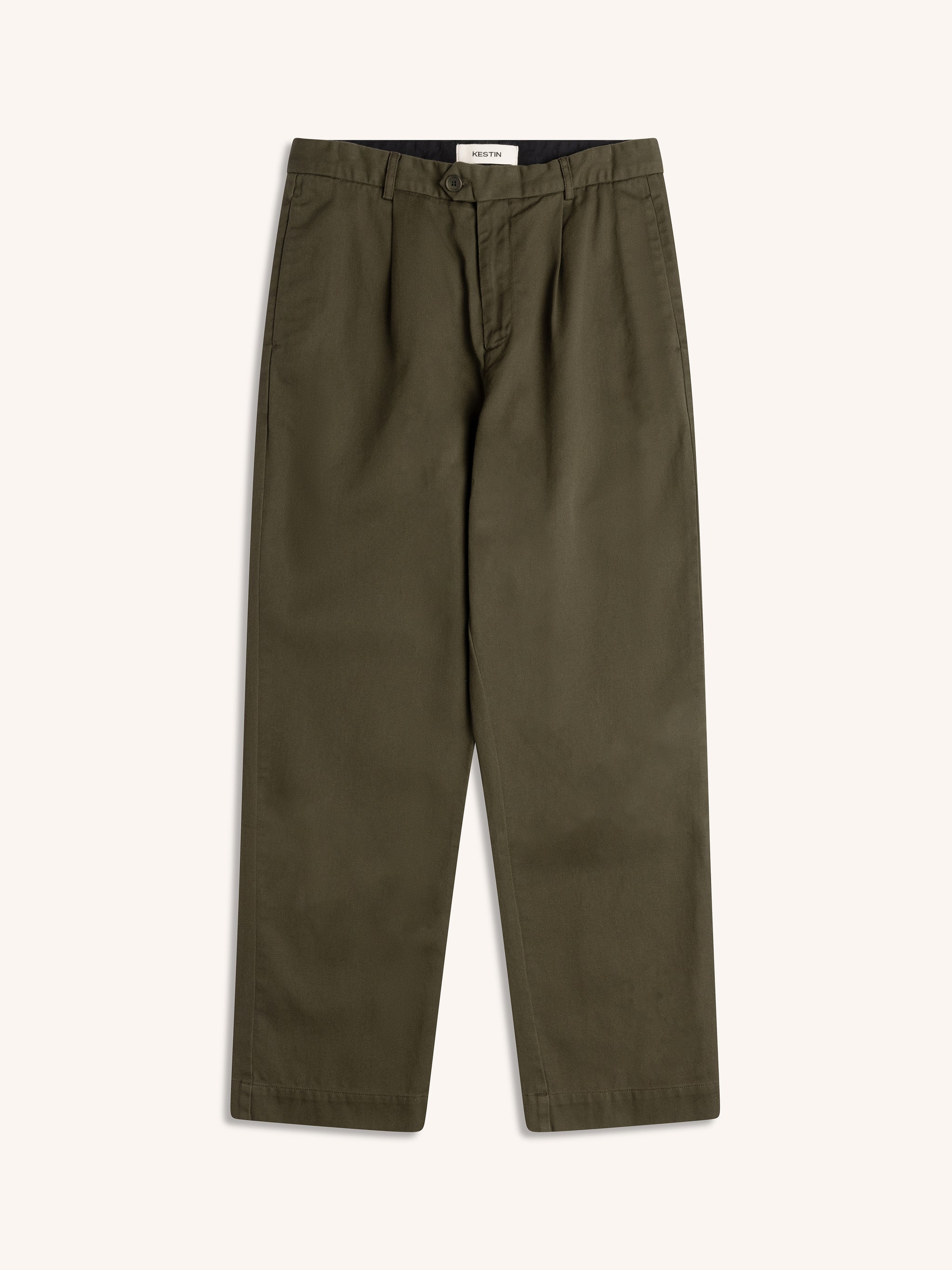 Regular fit dark olive trouser with a fixed waistband and single pleats against a white background