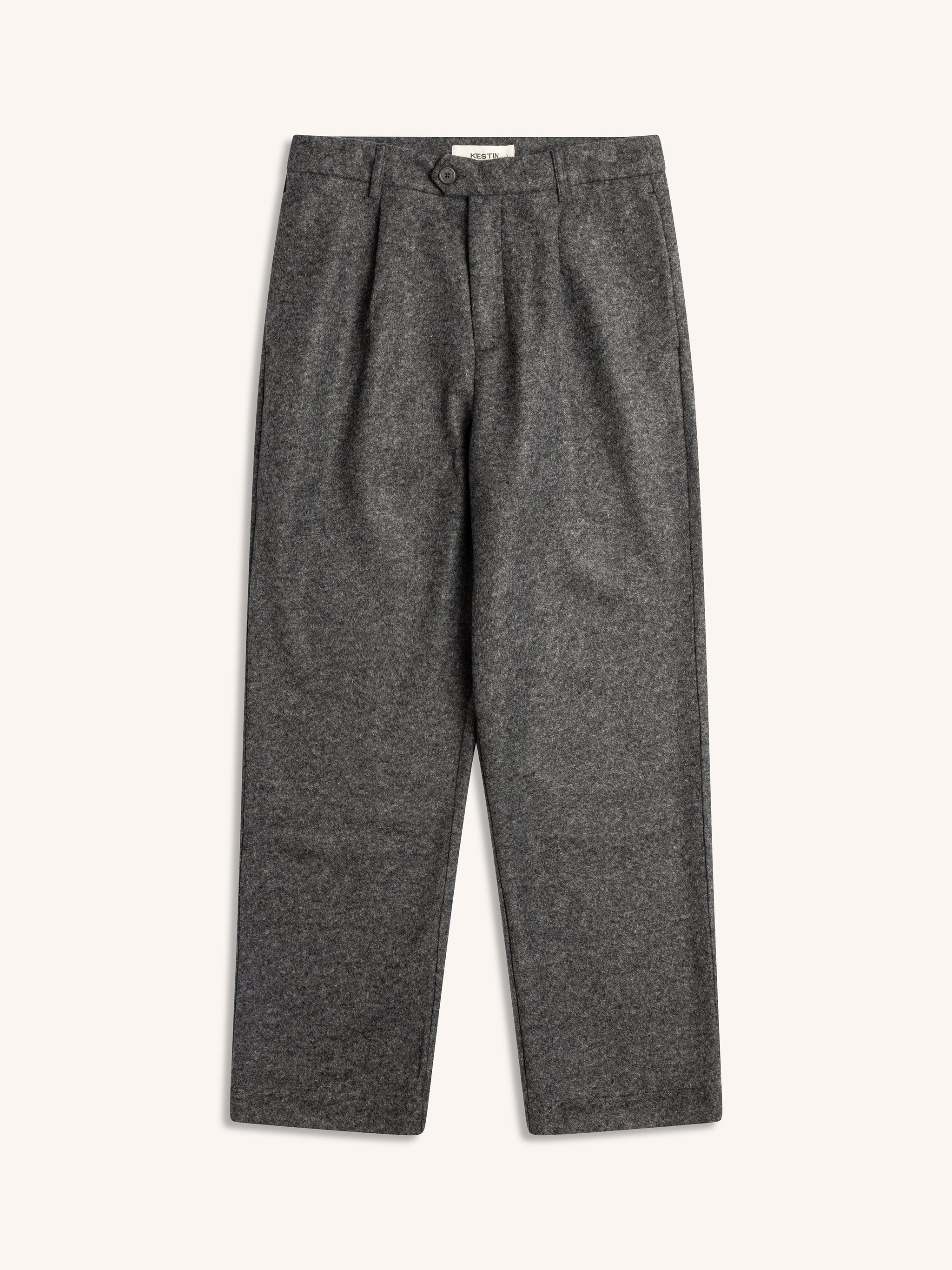 A wool blend regular fitting men's trouser made with a charcoal wool blend fabric, against a white background