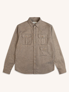 A three-pocket shirt in a brown marl fabric, on a white background.