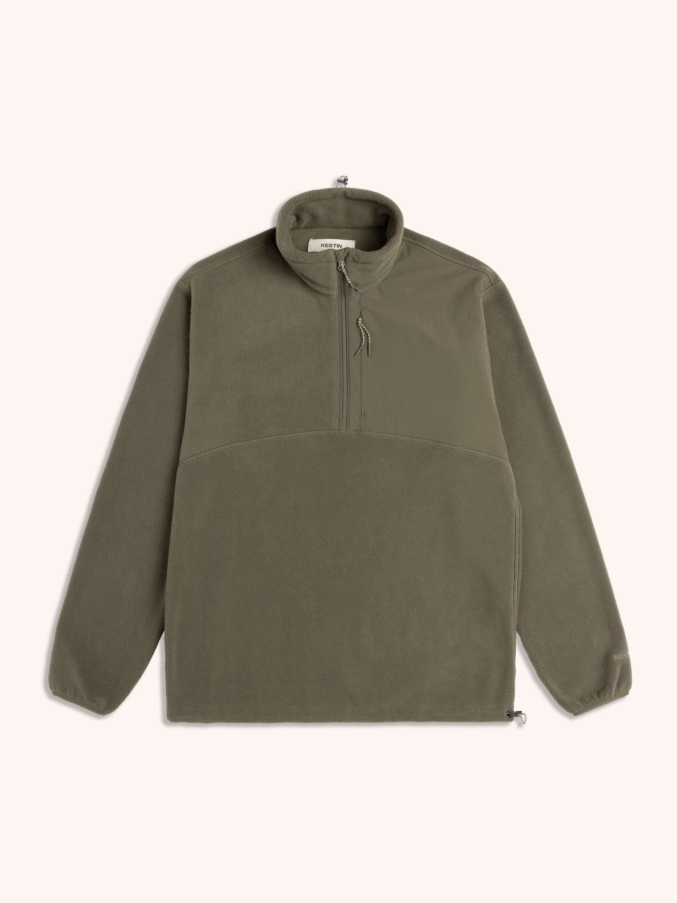 Green pullover fleece with a quarter zip on a white background