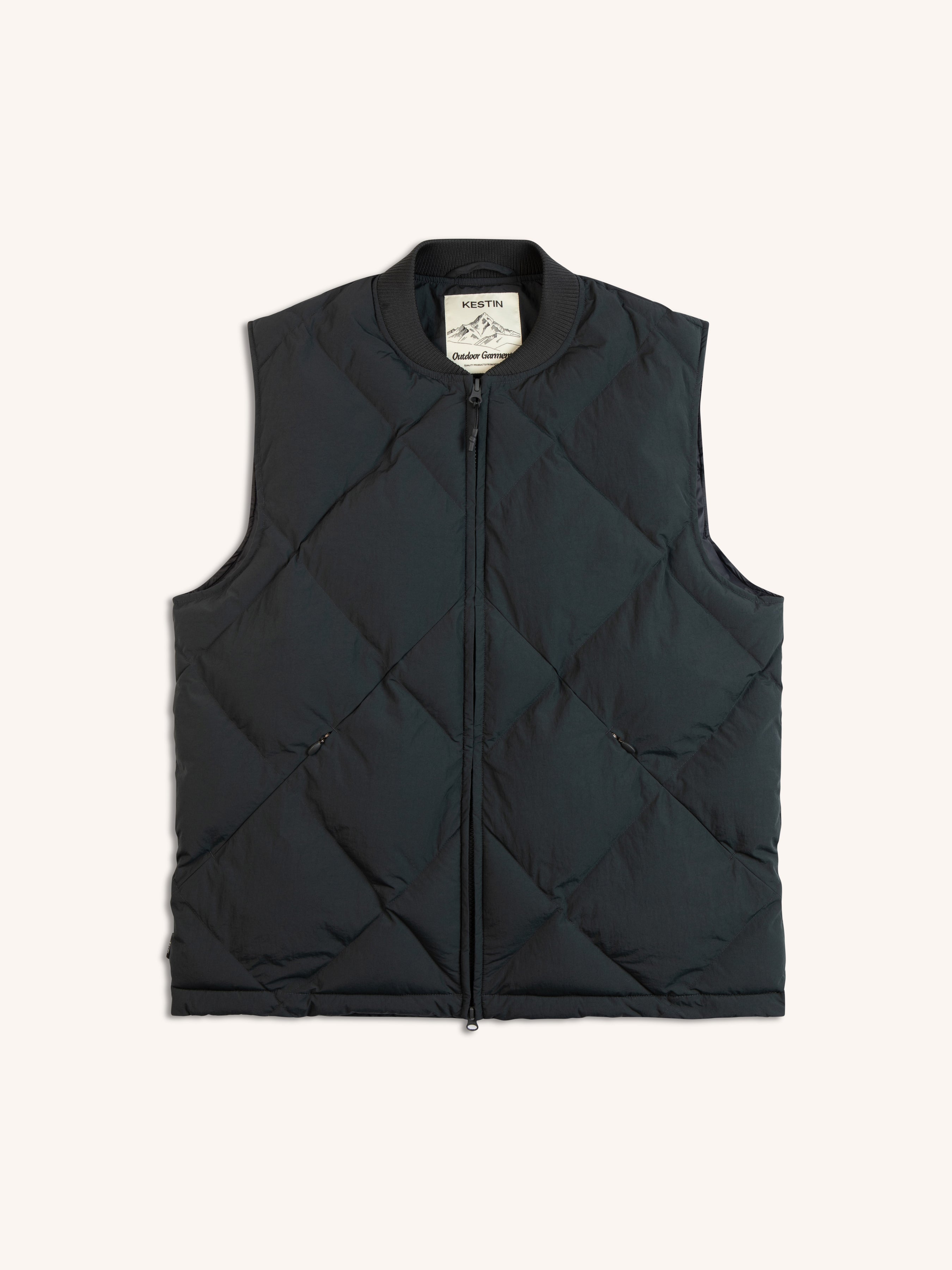 An insulted winter gilet in a dark blue-toned grey, on a white background.