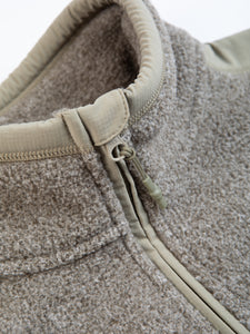 The collar of a men's winter fleece jacket in a green marl colour.