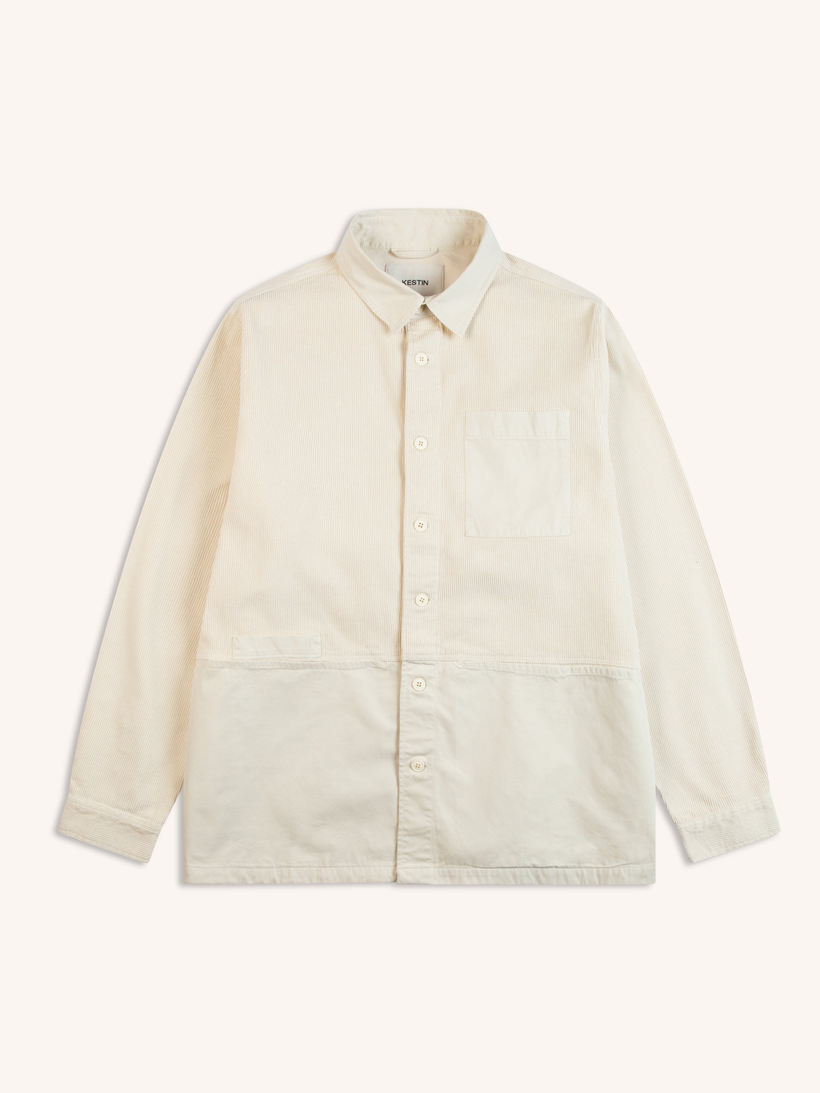 An ecru/white overshirt from menswear brand KESTIN, on a white background.