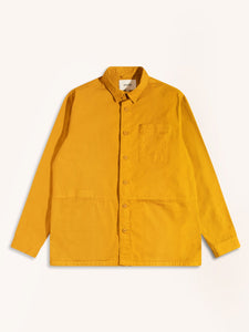A men's overshirt in a bright yellow colour, on a white background.