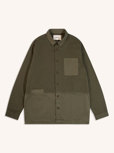 A two-tone green overshirt from KESTIN, on a white background.