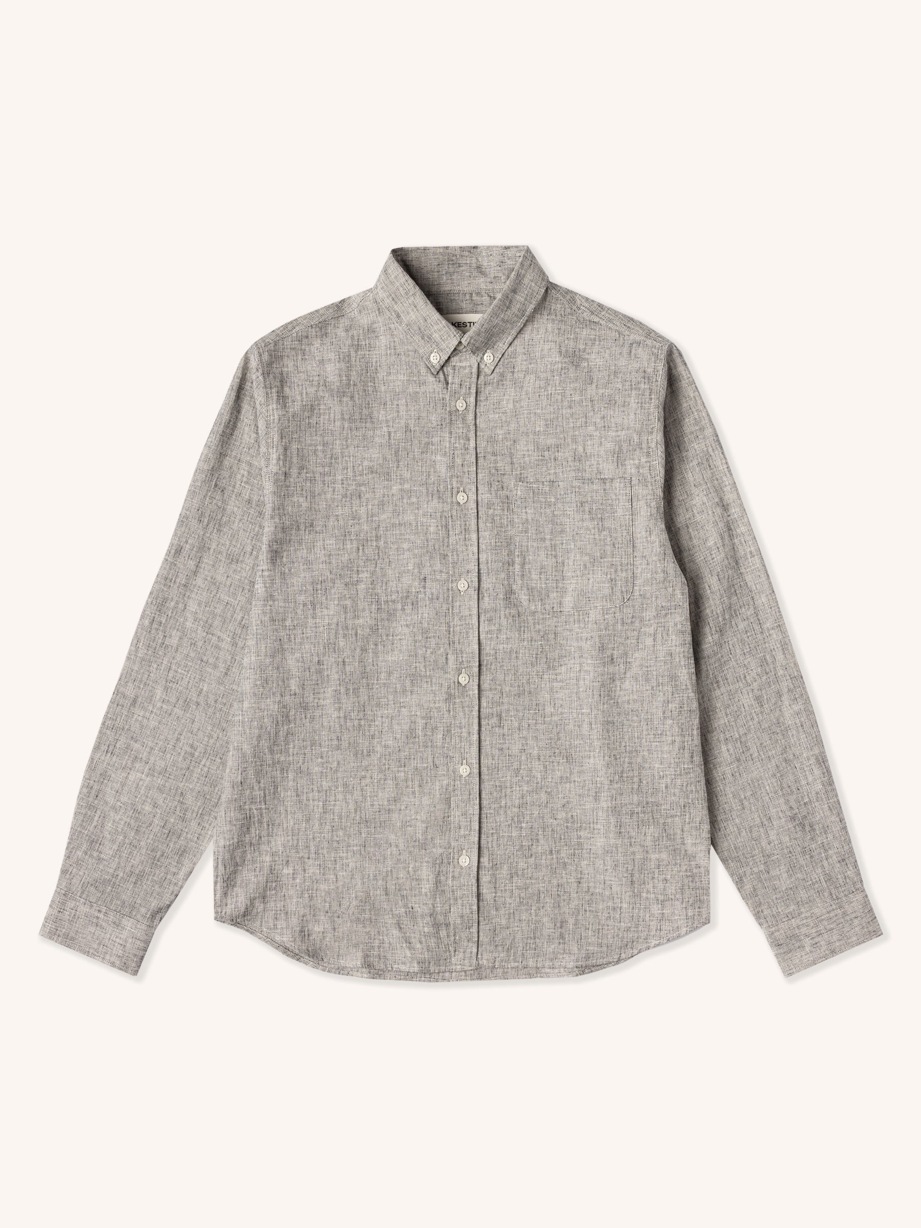 A grey button down shirt from Scottish menswear brand KESTIN, on a white background.