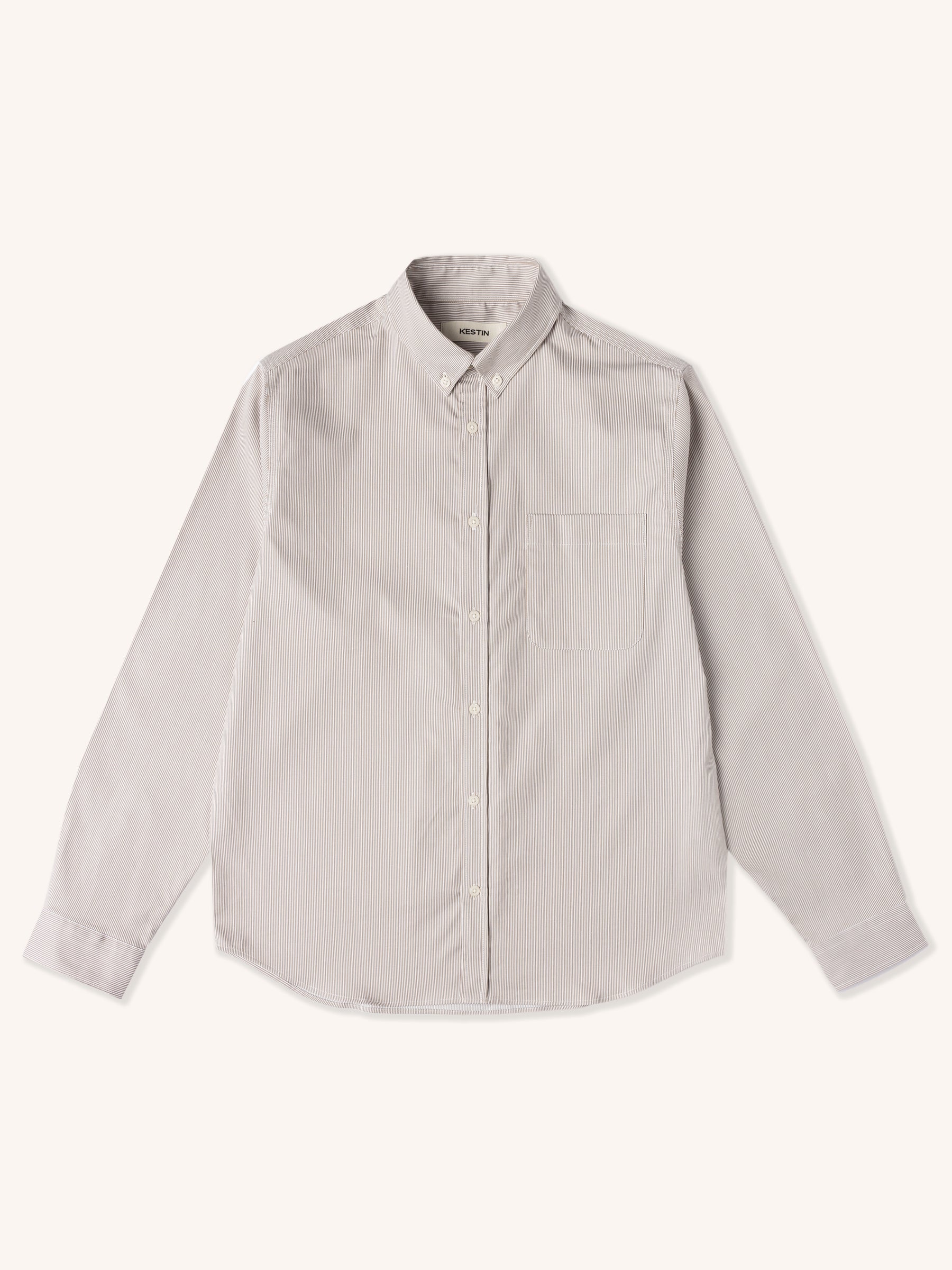 A white and brown men's shirt with a fine stripe pattern, on a white background.