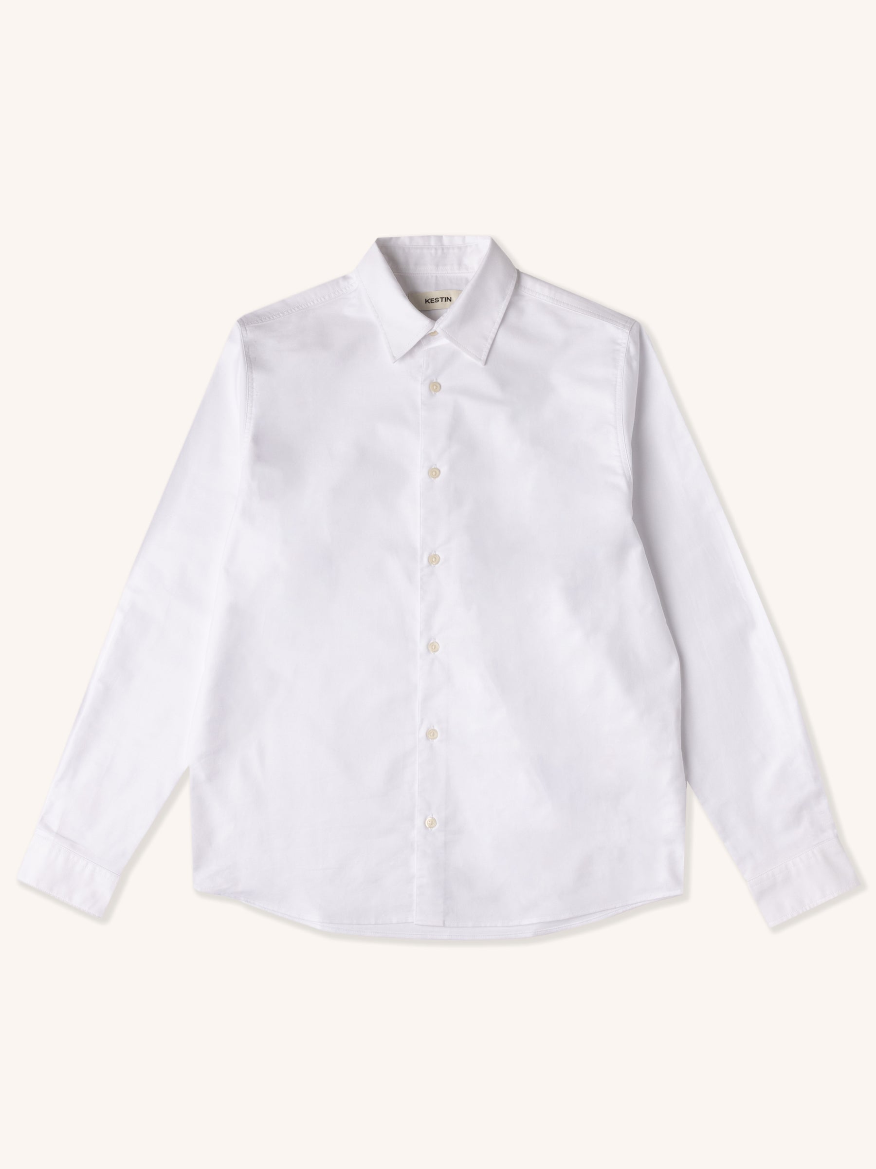A men's white dress shirt made from a classic Oxford material, on a white background.