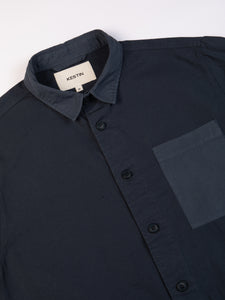 A close-up of the front of the Rosyth Overshirt from KESTIN.