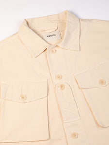 The buttoned front and collar of the Redford Jacket from menswear brand KESTIN.