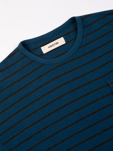 The crew neck of the KESTIN Fly Tee in blue stripe.