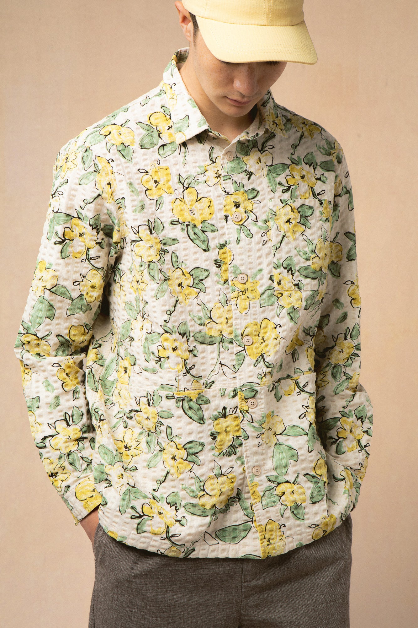 Rosyth Overshirt in Ecru / Yellow Floral Seersucker