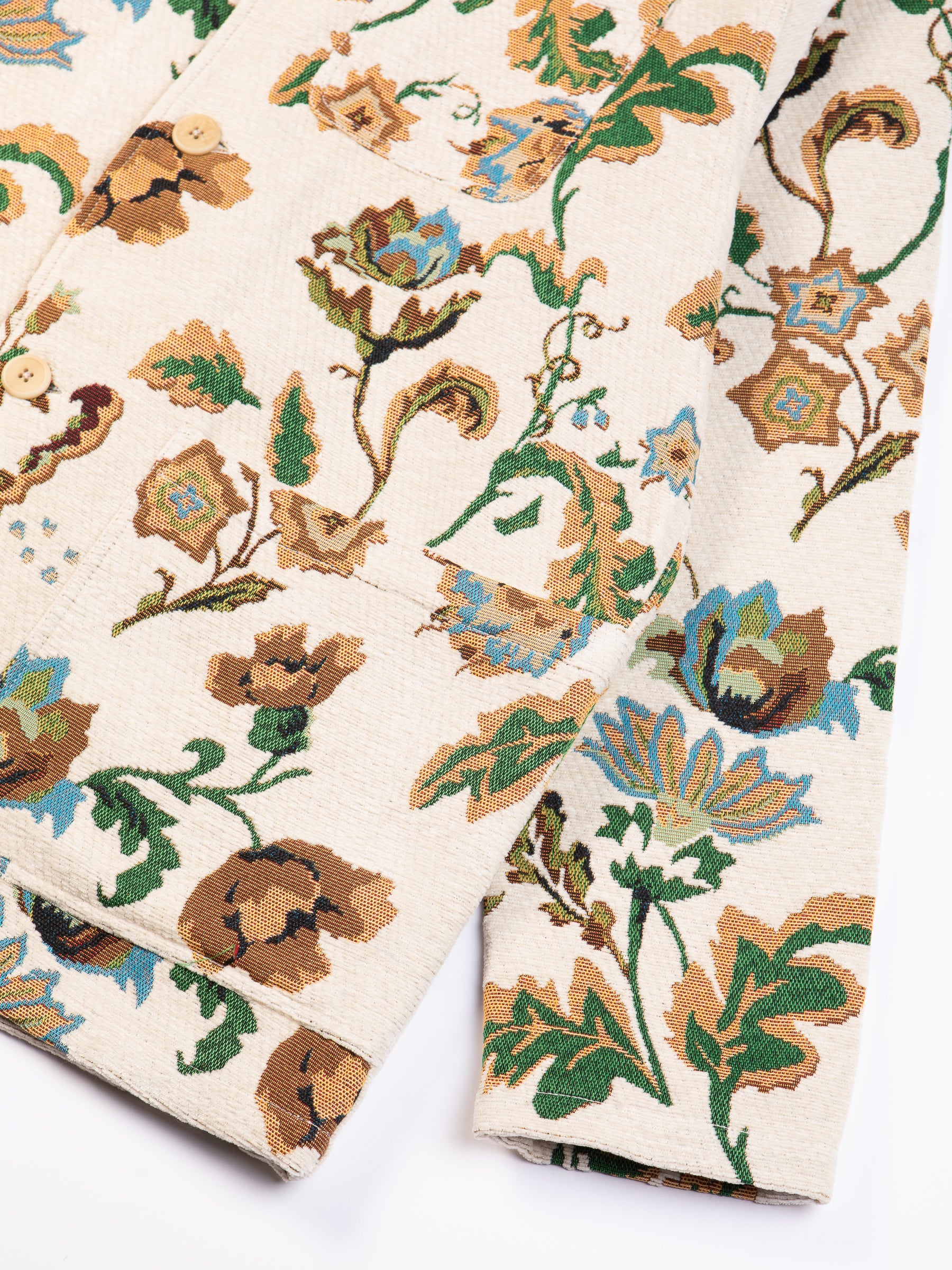 The cuff and hem of the KESTIN Ormiston Jacket in Japanese Floral Jacquard fabric.
