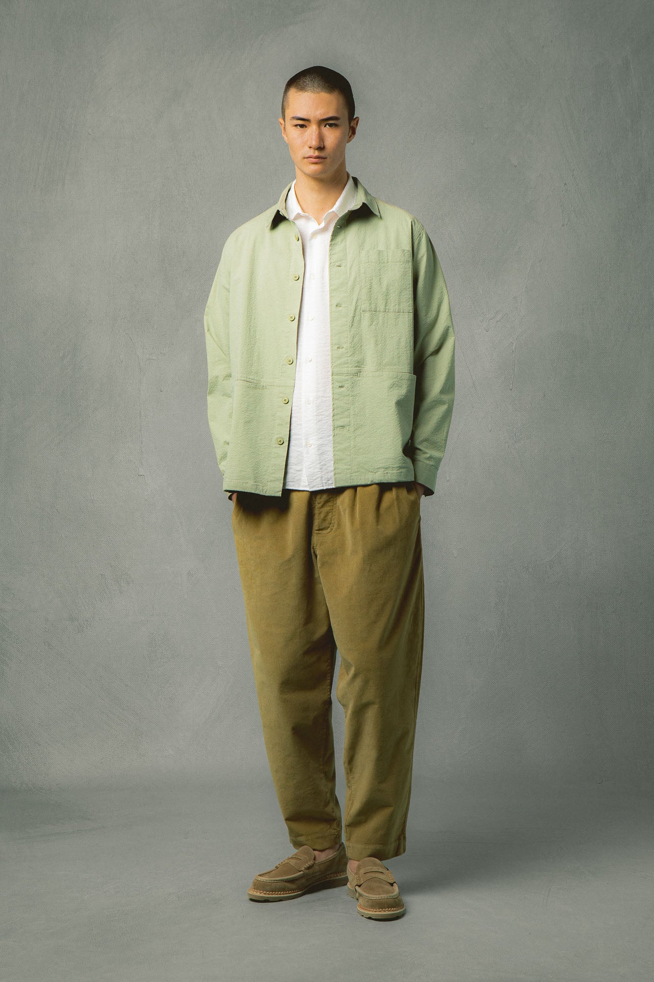 Rosyth Overshirt in Light Olive Seersucker