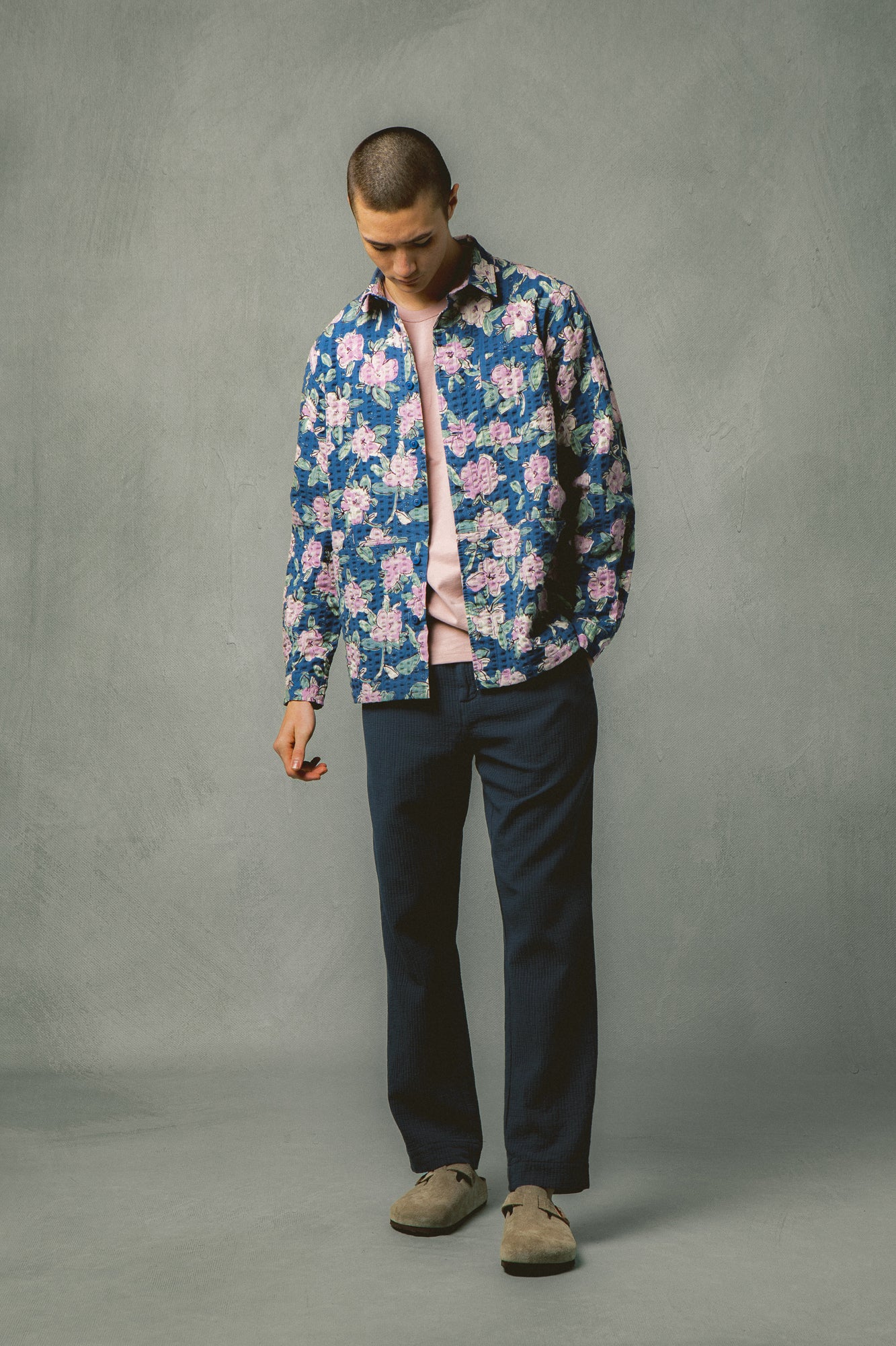 Rosyth Overshirt in Blue / Lilac Floral Seersucker