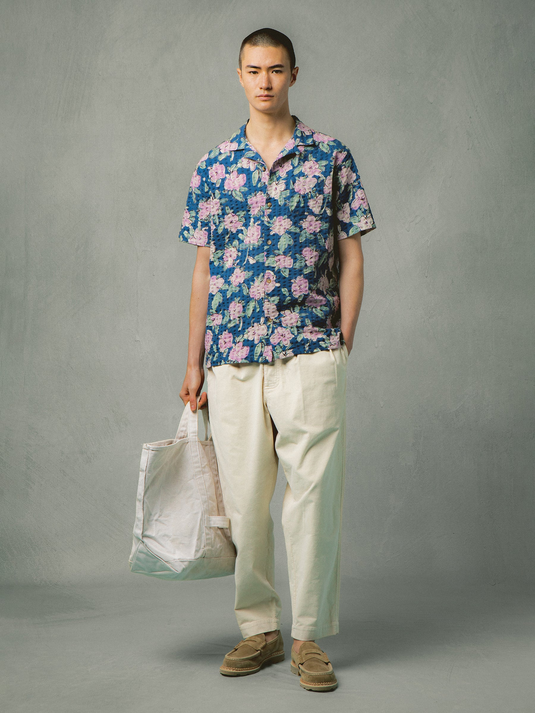 Cramond Shirt in Blue / Lilac Floral Seersucker