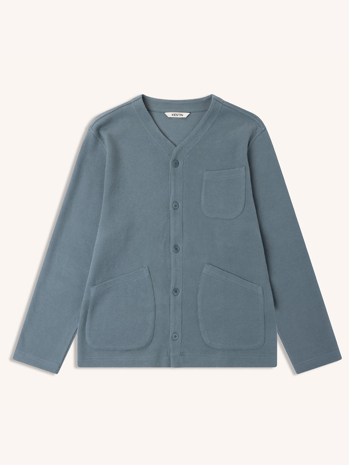 Dunvegan Cardigan in Dusty Blue Brushed Waffle