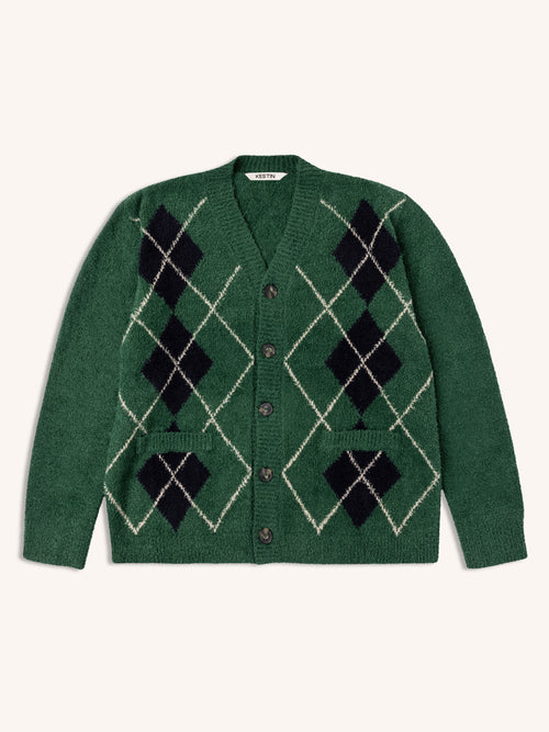 Muirfield Argyle Cardigan in Collegiate Green Organic Cotton