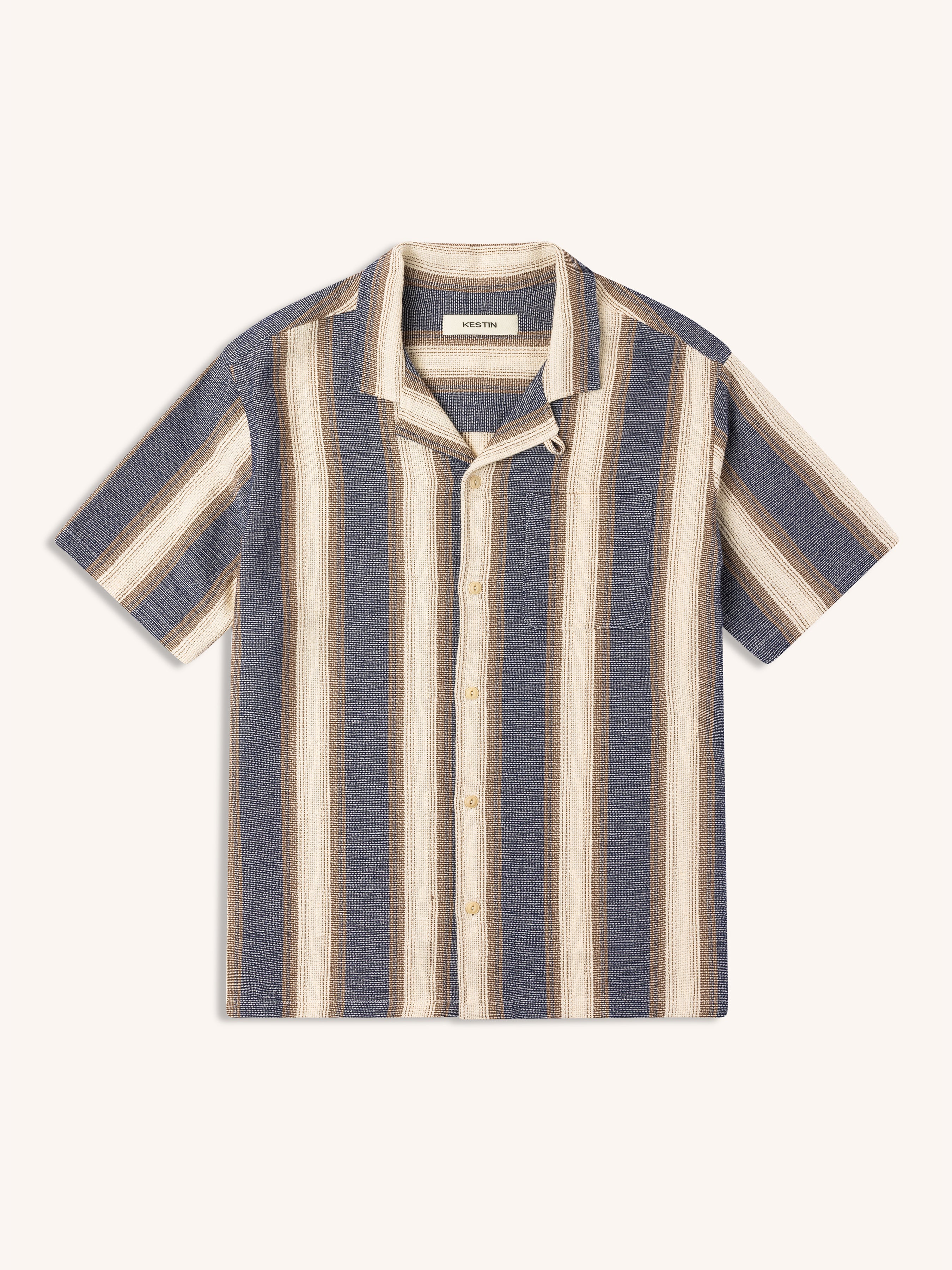 Crammond Shirt in Navy / Brown Stripe Open Weave Cotton