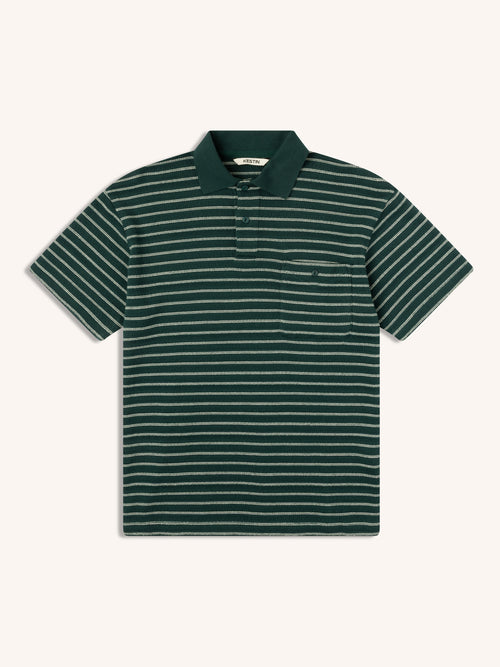 Dunn Polo in Green / Ecru Organic Cotton Knitted Stripe