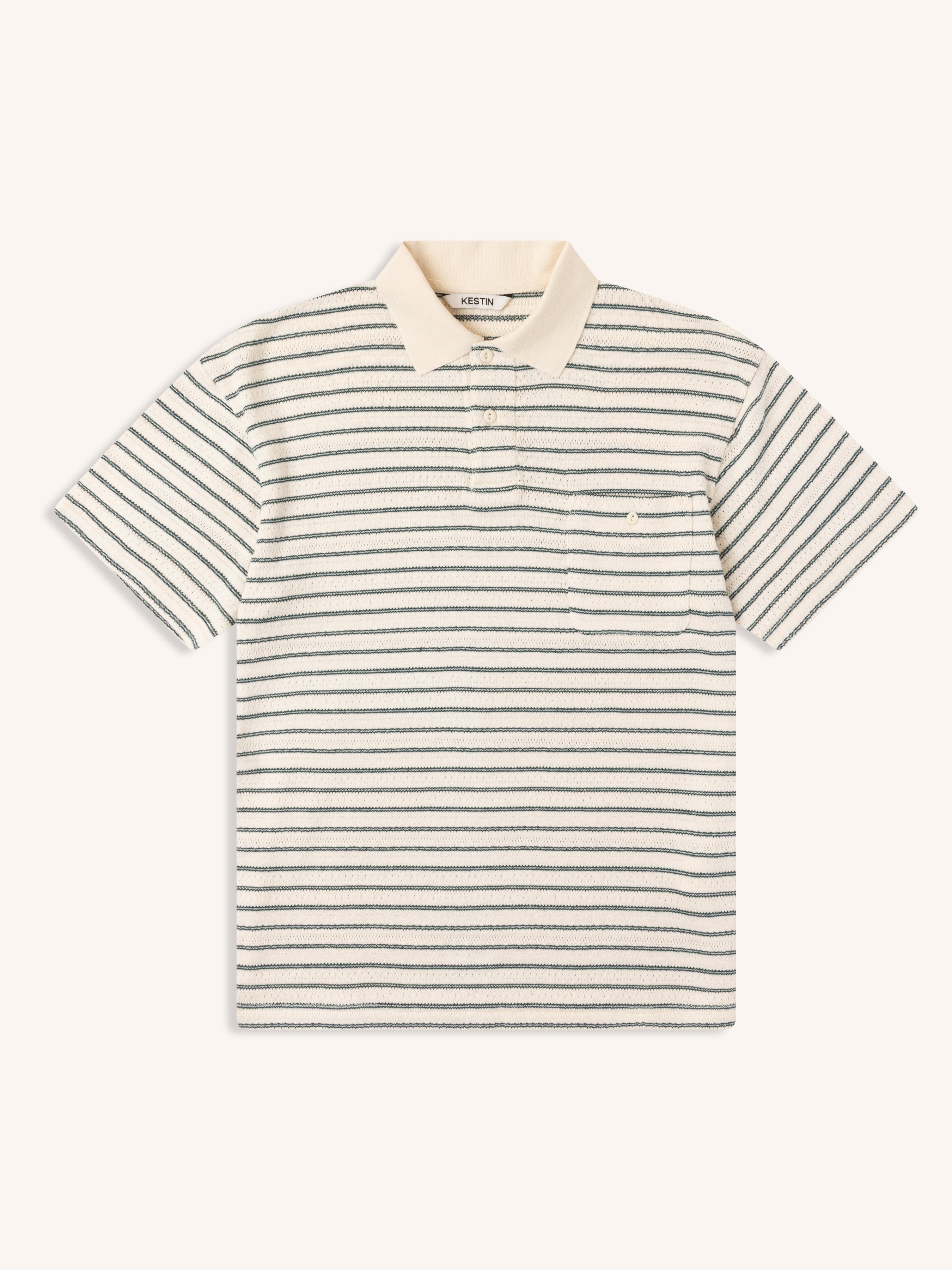 Dunn Polo in Ecru / Green Organic Cotton Knitted Stripe