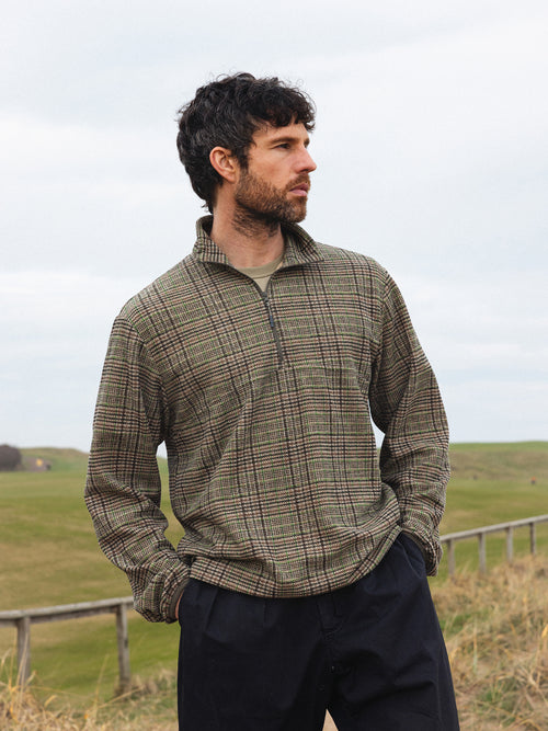 Aberfeldy Quarter Zip in Green / Brown Multi Check Jersey