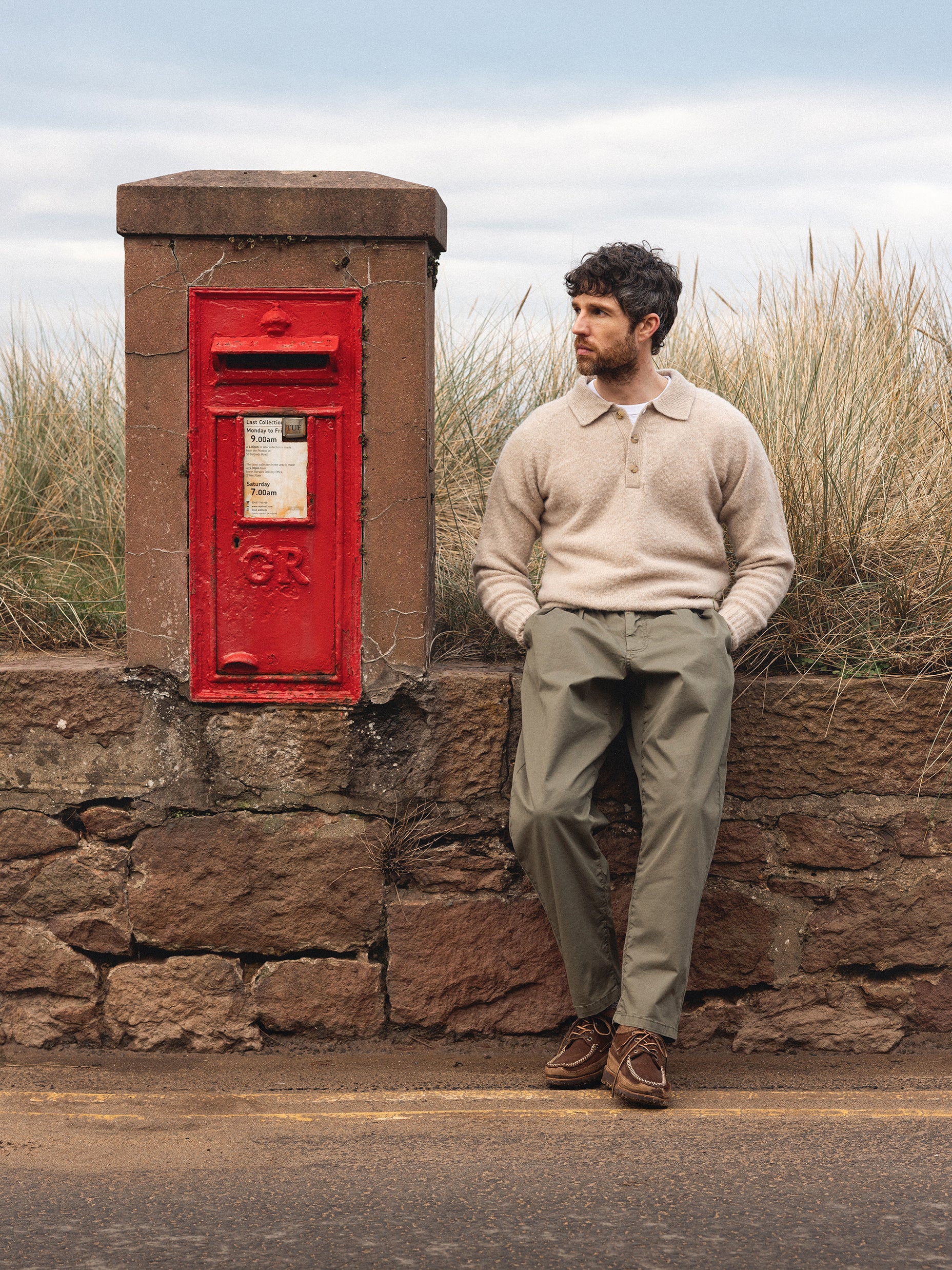 Lewis Brushed Shetland Polo in Putty Lambswool