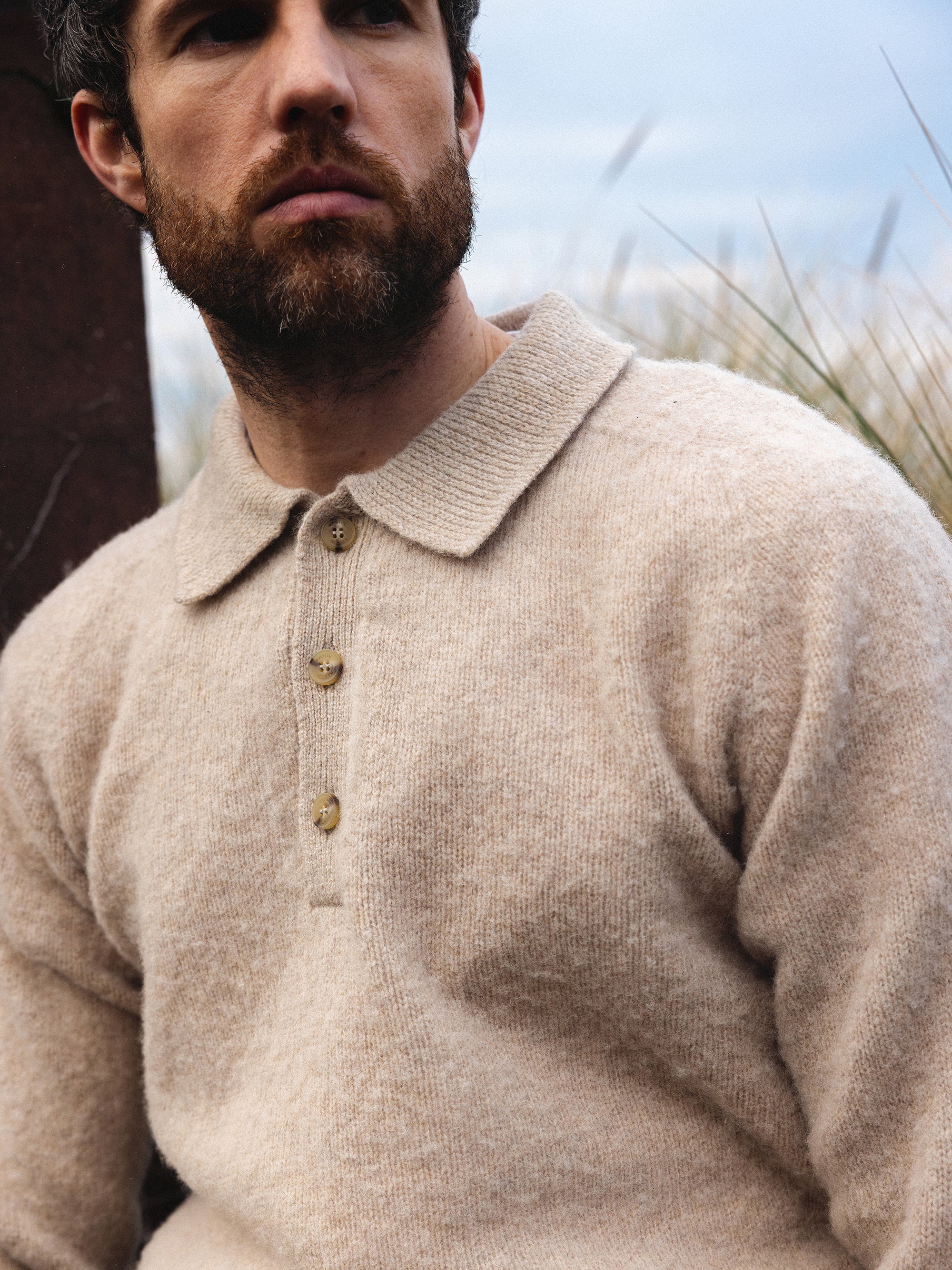 Lewis Brushed Shetland Polo in Putty Lambswool